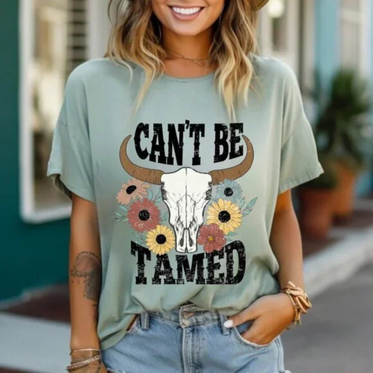 Western Floral Longhorn CAN'T BE TAMED Graphic Print Short Sleeve Tee product thumbnail image Western Floral Longhorn CAN'T BE TAMED Graphic Print Short Sleeve Tee product thumbnail image