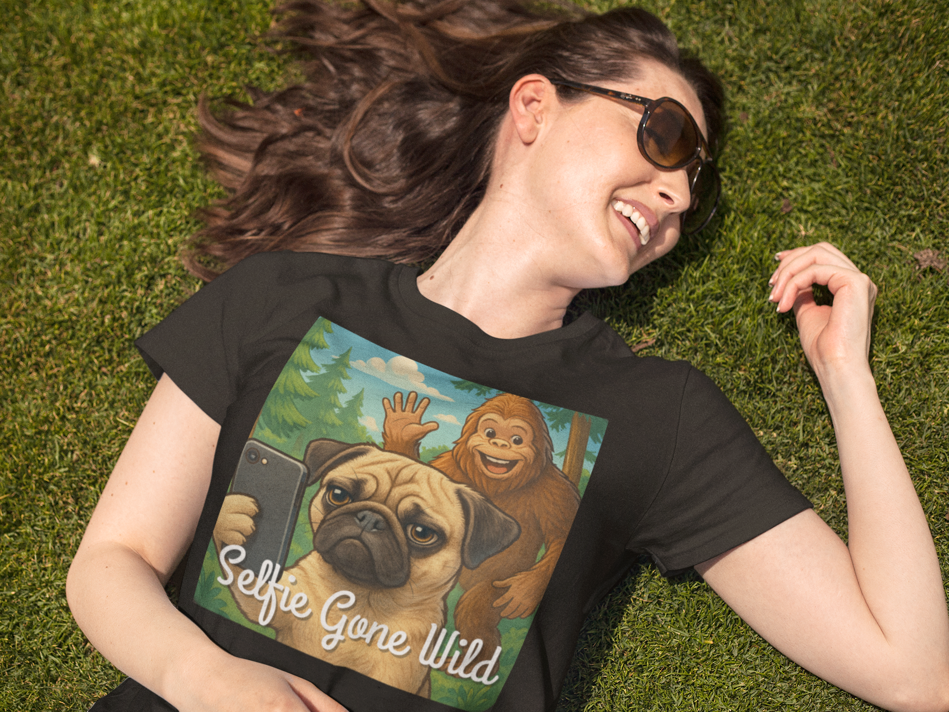 Selfie Gone Wild Pug Bigfoot Shirt | Funny Cartoon Dog Meme Tee | Unisex Softstyle Selfie Gone Wild Pug Bigfoot Shirt | Funny Cartoon Dog Meme Tee | Unisex Softstyle