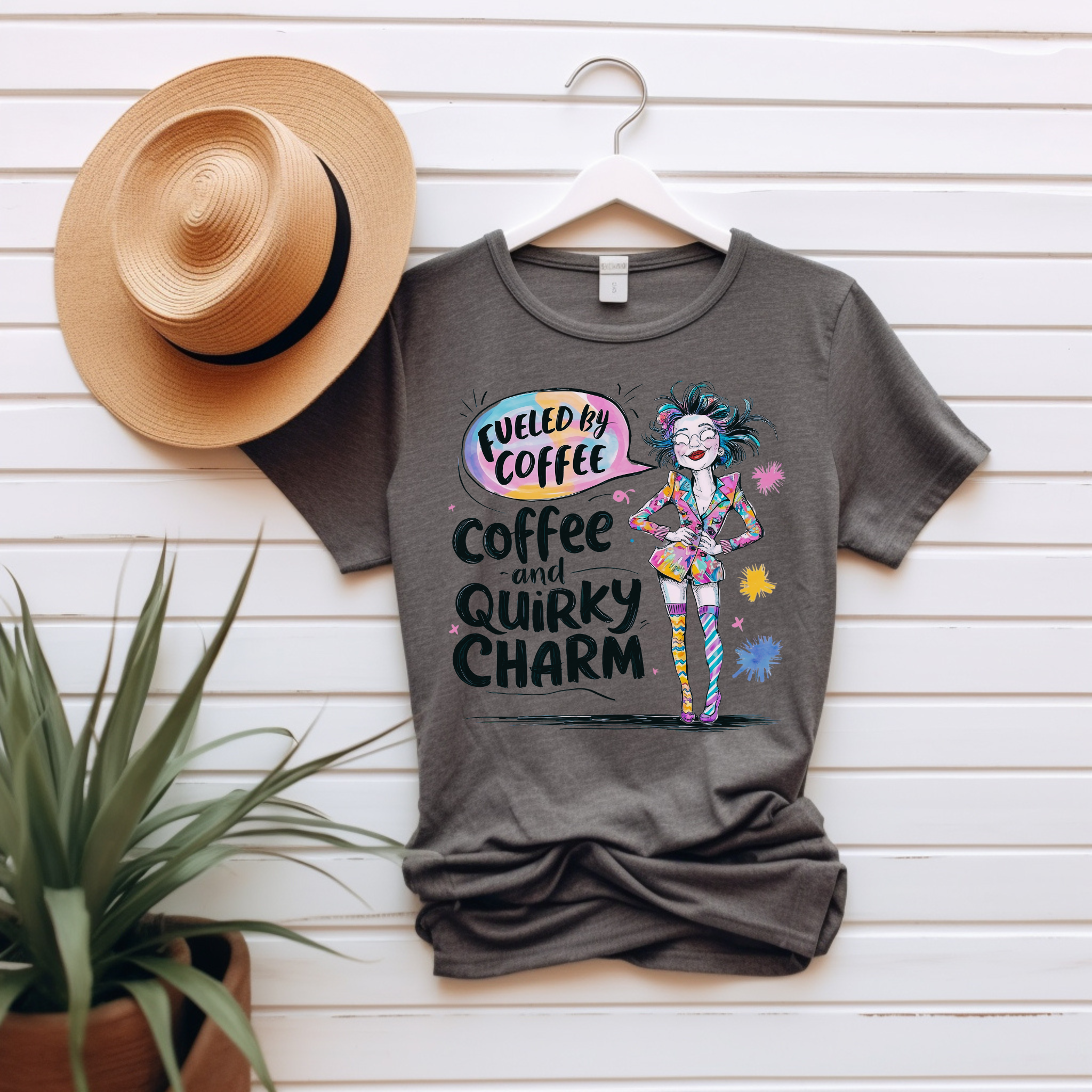 “Fueled by Coffee and Quirky Charm” Unisex Graphic Tee product thumbnail image