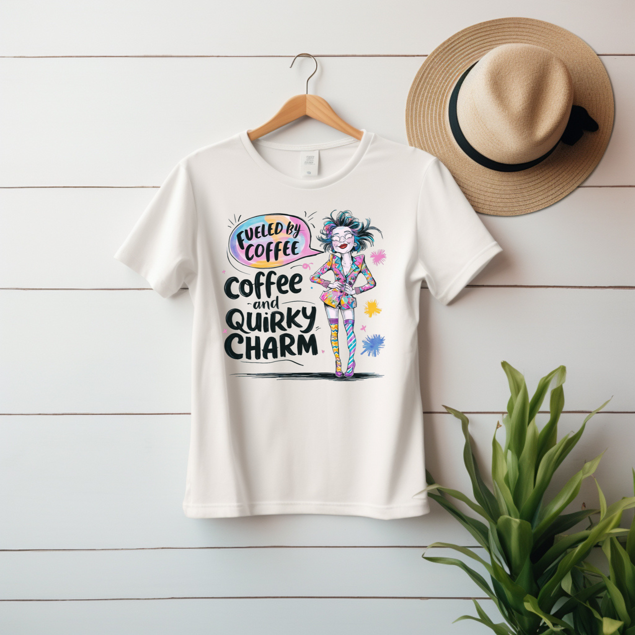 “Fueled by Coffee and Quirky Charm” Unisex Graphic Tee product thumbnail image