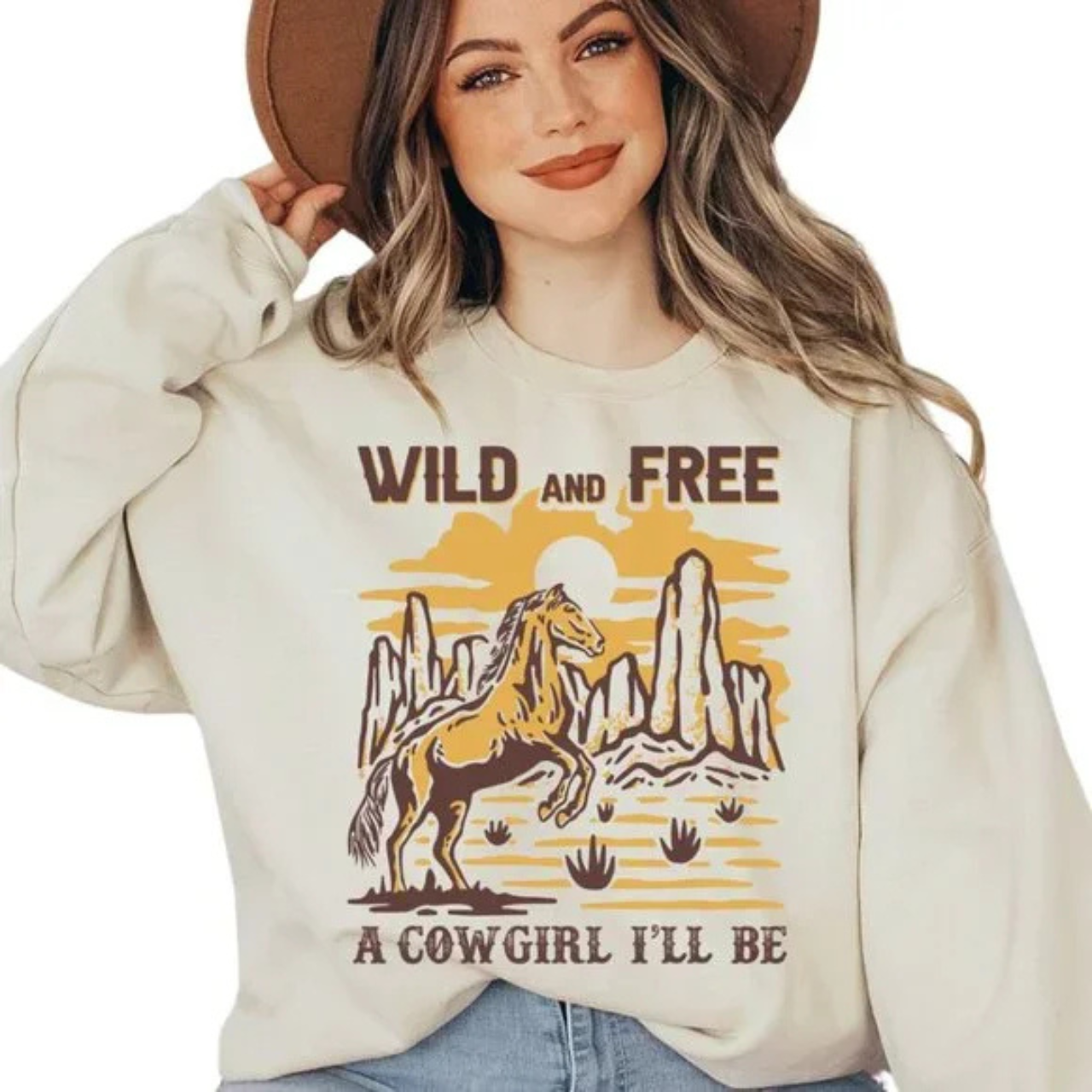 Western WILD AND FREE A COWGIRL I'LL BE Horse Women's Sweatshirt product thumbnail image Western WILD AND FREE A COWGIRL I'LL BE Horse Women's Sweatshirt product thumbnail image