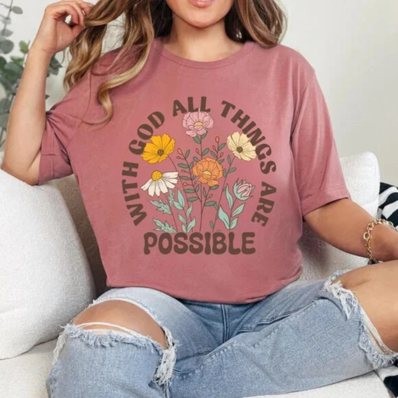 Retro Christian WITH GOD ALL THINGS ARE POSSIBLE Floral Women's T-Shirt Retro Christian WITH GOD ALL THINGS ARE POSSIBLE Floral Women's T-Shirt