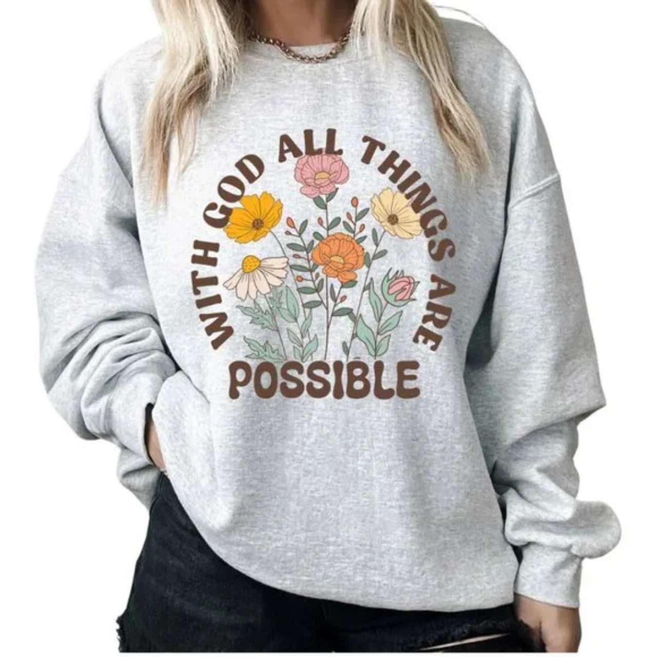Retro Christian WITH GOD ALL THINGS ARE POSSIBLE Floral Sweatshirt product thumbnail image Retro Christian WITH GOD ALL THINGS ARE POSSIBLE Floral Sweatshirt product thumbnail image