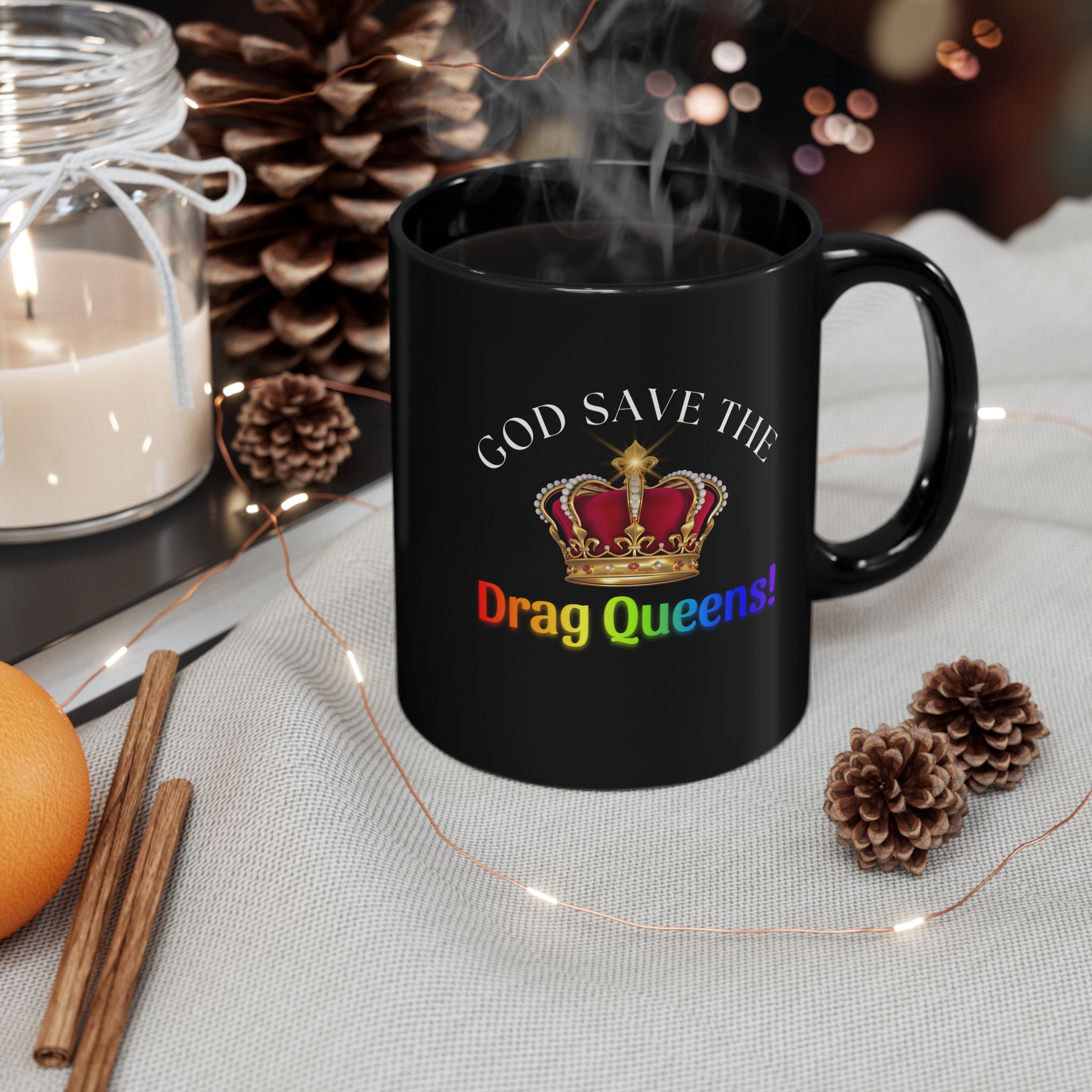 11oz Black Ceramic Mug with double-sided graphic - God Save The Drag Queens! Perfect for LGBTQ+ Celebration, Gifts, or Coffee Lovers, Unique Drinkware product thumbnail image 11oz Black Ceramic Mug with double-sided graphic - God Save The Drag Queens! Perfect for LGBTQ+ Celebration, Gifts, or Coffee Lovers, Unique Drinkware product thumbnail image