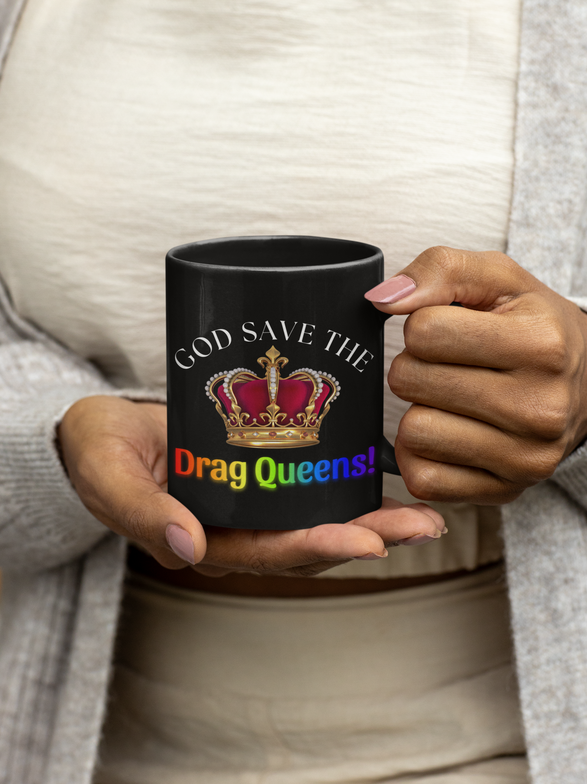 11oz Black Ceramic Mug with double-sided graphic - God Save The Drag Queens! Perfect for LGBTQ+ Celebration, Gifts, or Coffee Lovers, Unique Drinkware product thumbnail image 11oz Black Ceramic Mug with double-sided graphic - God Save The Drag Queens! Perfect for LGBTQ+ Celebration, Gifts, or Coffee Lovers, Unique Drinkware product thumbnail image