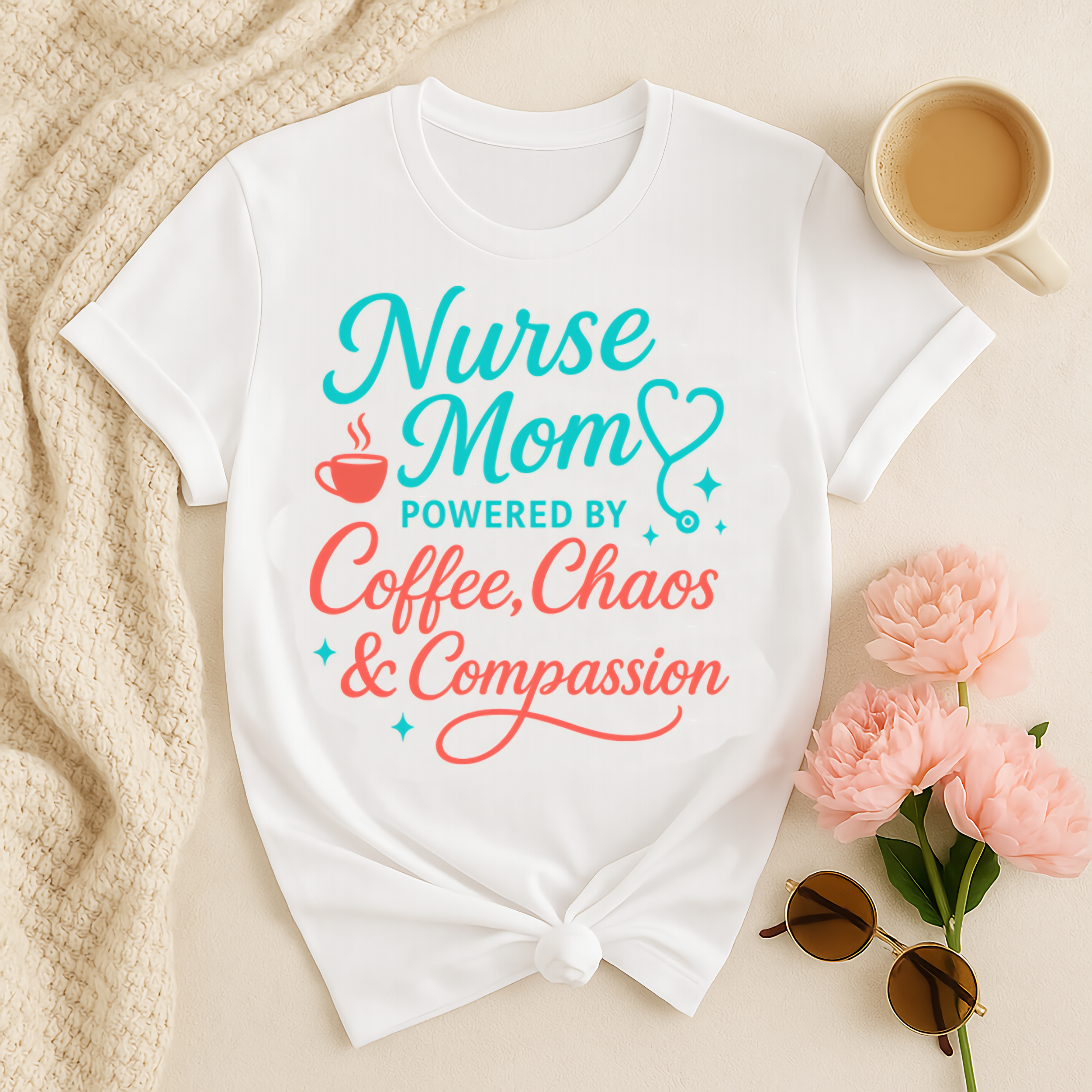 Nurse Mom Powered by Coffee, Chaos & Compassion Funny T-Shirt product thumbnail image Nurse Mom Powered by Coffee, Chaos & Compassion Funny T-Shirt product thumbnail image
