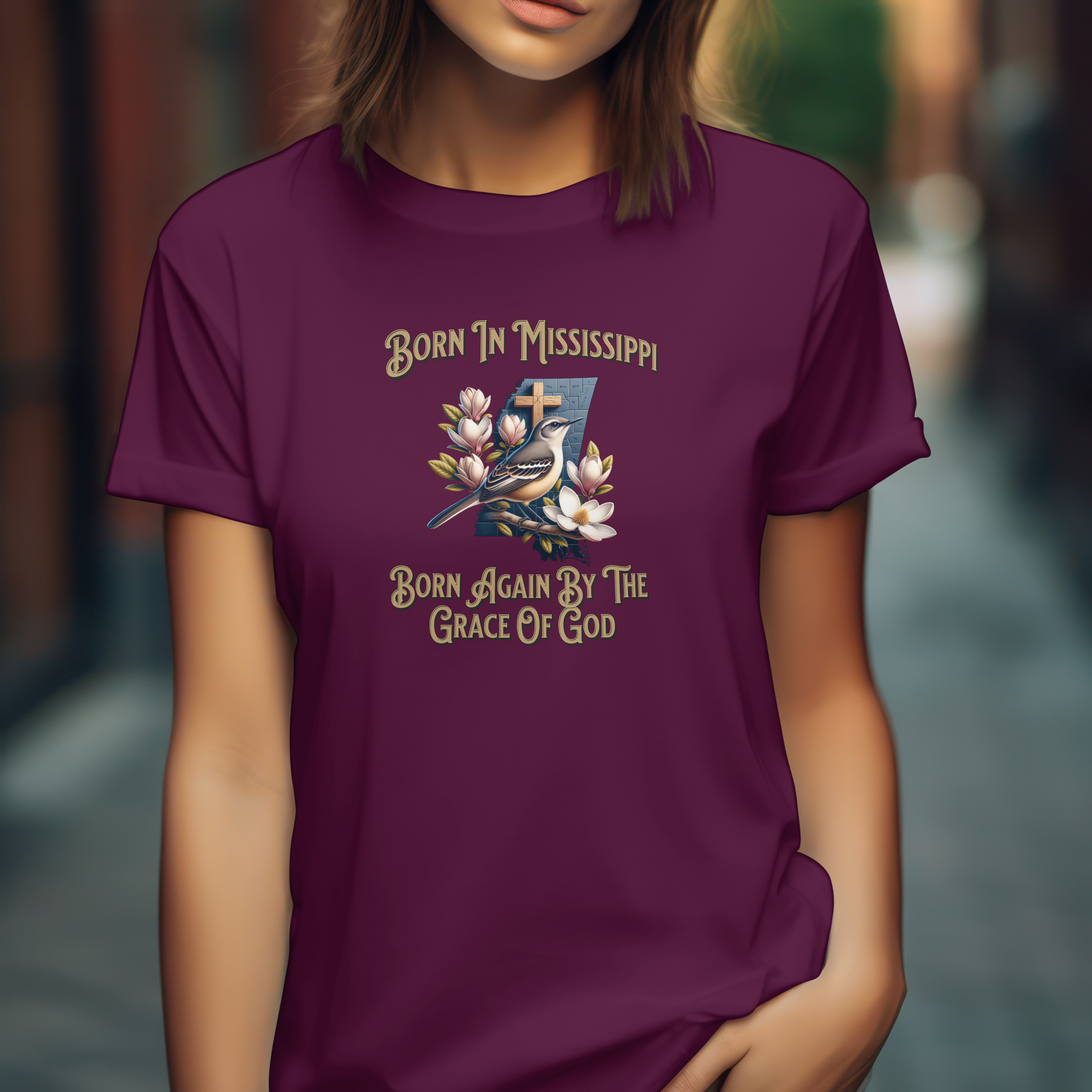 Born In Mississippi, Born Again By The Grace Of God Women's Softstyle Tee - Inspirational Graphic Tee product thumbnail image Born In Mississippi, Born Again By The Grace Of God Women's Softstyle Tee - Inspirational Graphic Tee product thumbnail image