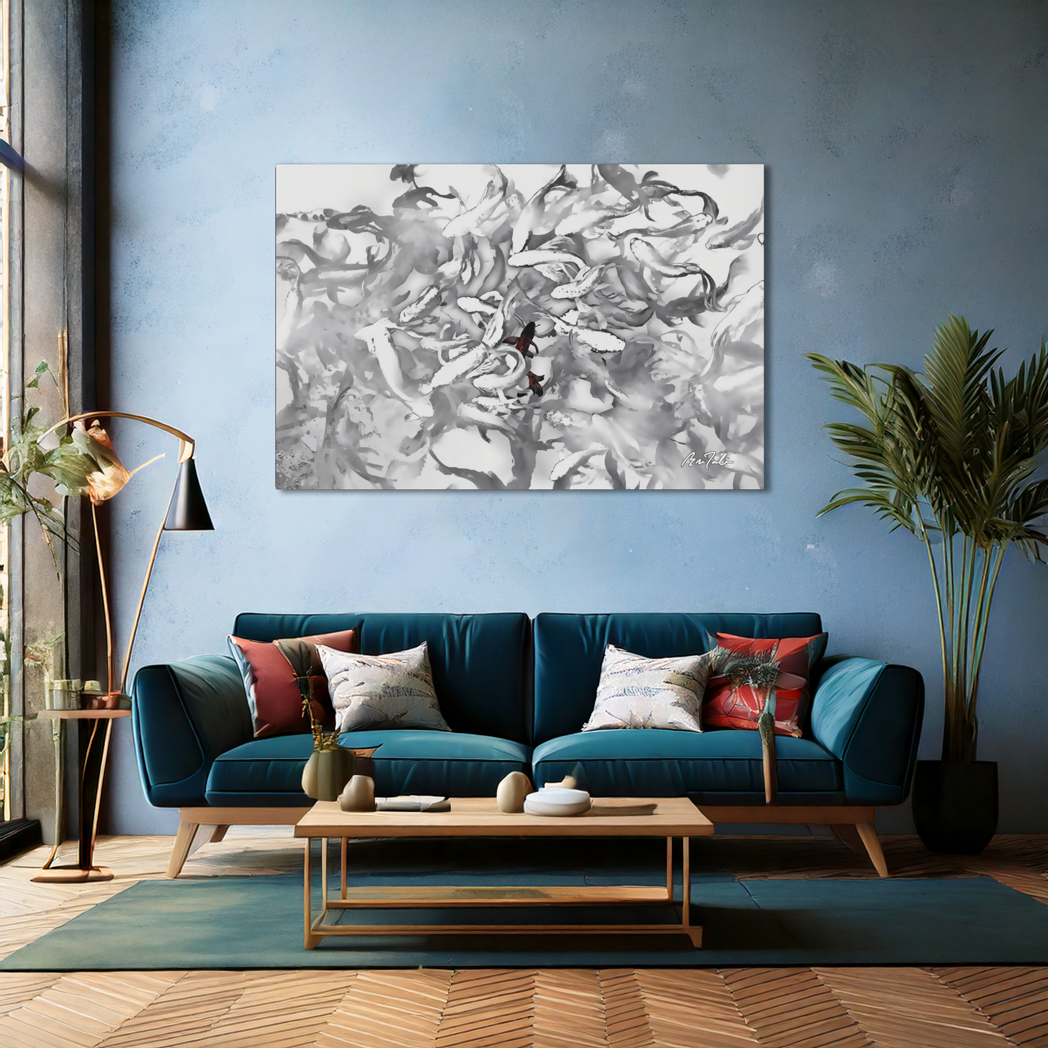 Digital Print by Mac Tabilis _ [Koi: 1] _ single obsidian koi, etched with crimson light on Acrylic, 