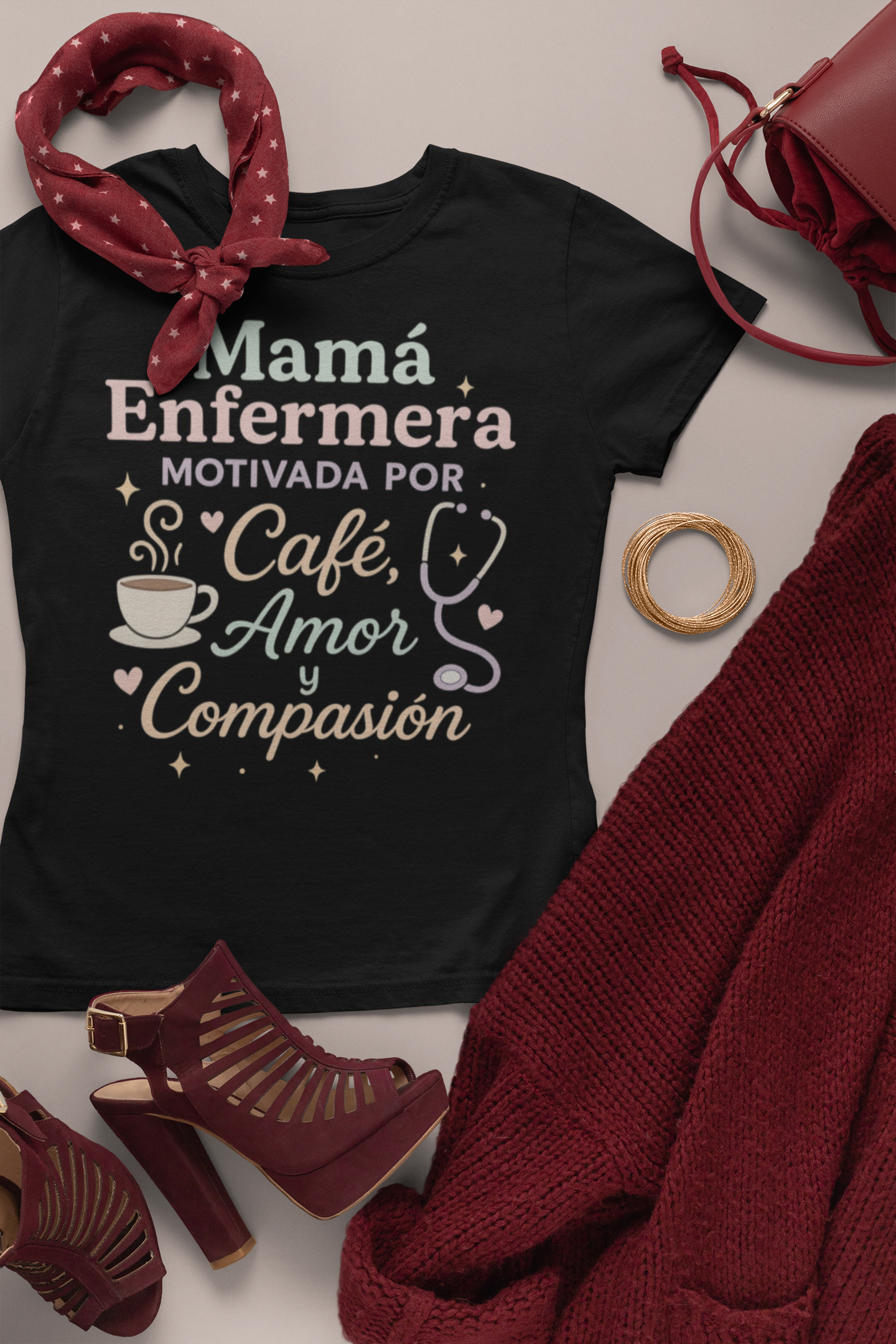 Mamá Enfermera Unisex T-Shirt, Motivada por Café, Amor y Compasión, Nurse Shirt, Gift for Mom, Coffee Lover, Nursing Student Shirt, product thumbnail image Mamá Enfermera Unisex T-Shirt, Motivada por Café, Amor y Compasión, Nurse Shirt, Gift for Mom, Coffee Lover, Nursing Student Shirt, product thumbnail image