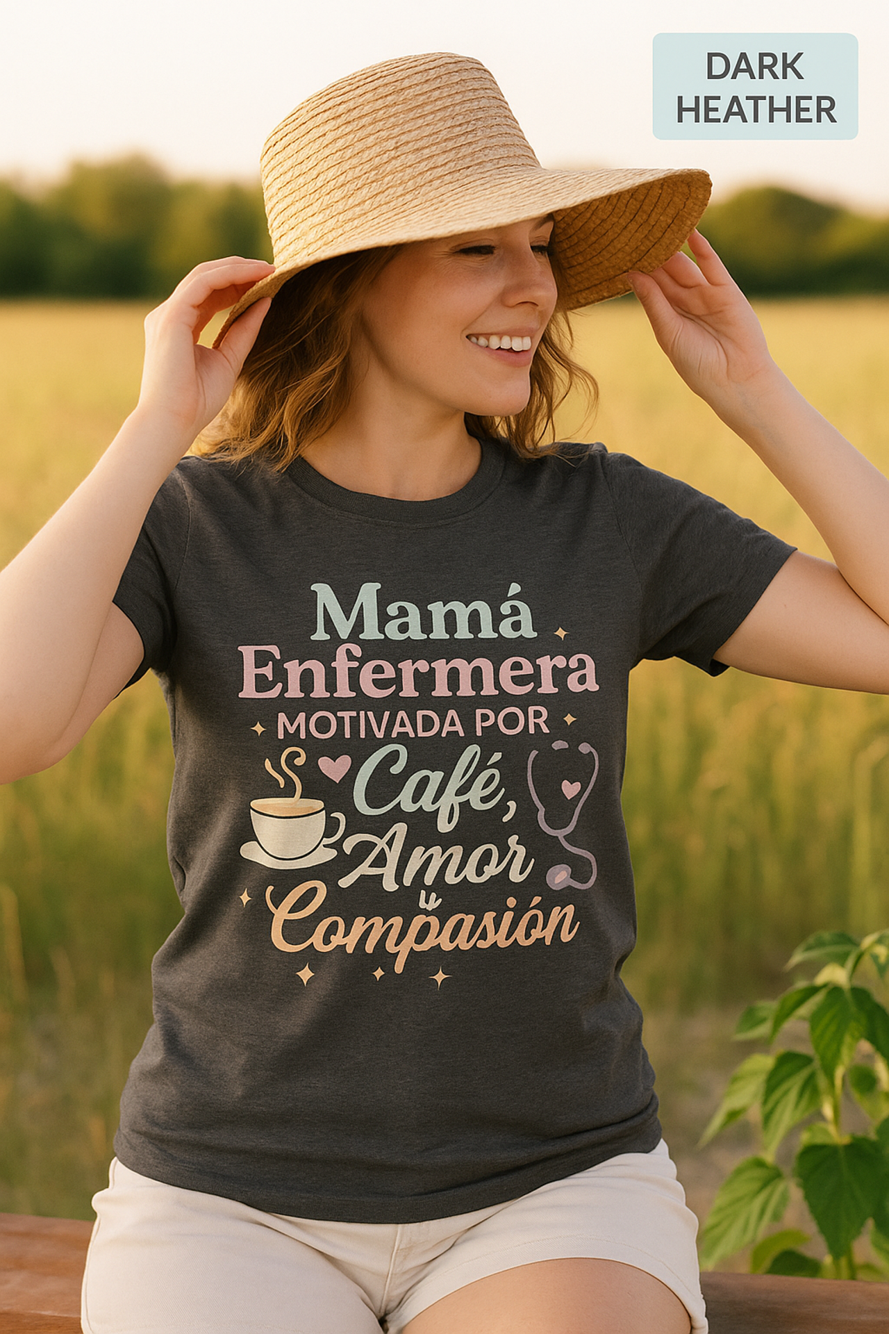 Mamá Enfermera Unisex T-Shirt, Motivada por Café, Amor y Compasión, Nurse Shirt, Gift for Mom, Coffee Lover, Nursing Student Shirt, product thumbnail image Mamá Enfermera Unisex T-Shirt, Motivada por Café, Amor y Compasión, Nurse Shirt, Gift for Mom, Coffee Lover, Nursing Student Shirt, product thumbnail image