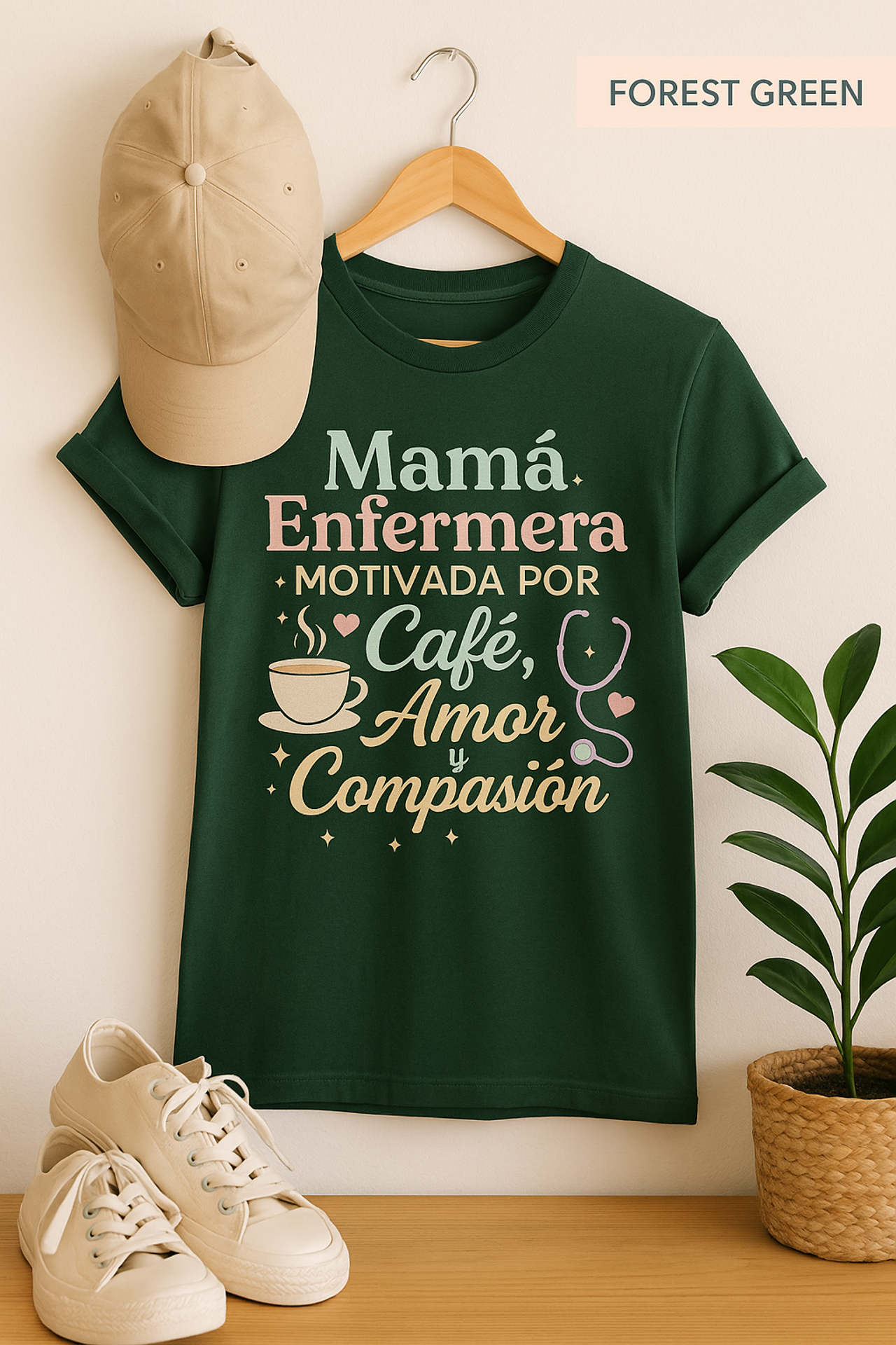 Mamá Enfermera Unisex T-Shirt, Motivada por Café, Amor y Compasión, Nurse Shirt, Gift for Mom, Coffee Lover, Nursing Student Shirt, product thumbnail image Mamá Enfermera Unisex T-Shirt, Motivada por Café, Amor y Compasión, Nurse Shirt, Gift for Mom, Coffee Lover, Nursing Student Shirt, product thumbnail image