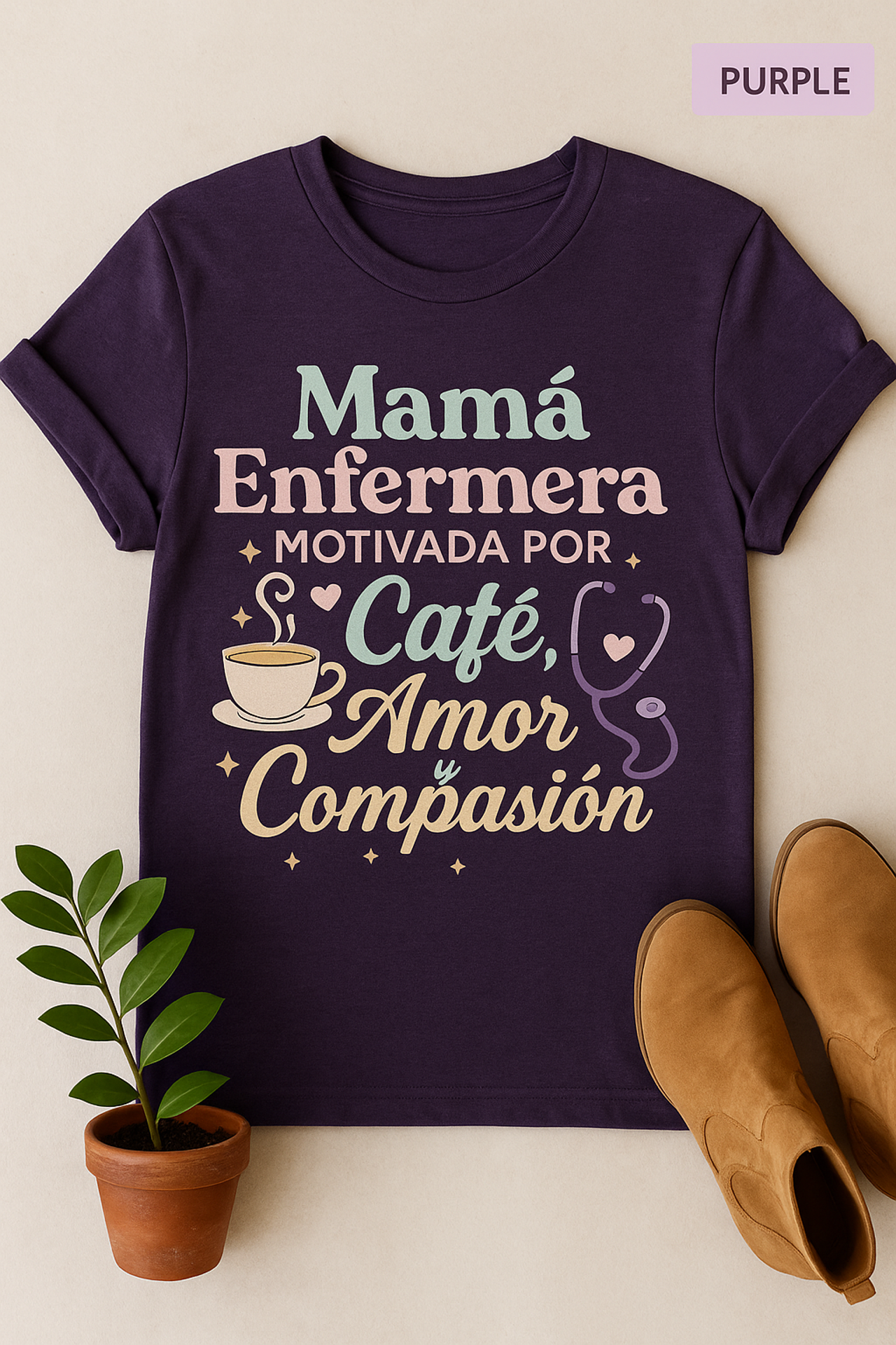 Mamá Enfermera Unisex T-Shirt, Motivada por Café, Amor y Compasión, Nurse Shirt, Gift for Mom, Coffee Lover, Nursing Student Shirt, product thumbnail image Mamá Enfermera Unisex T-Shirt, Motivada por Café, Amor y Compasión, Nurse Shirt, Gift for Mom, Coffee Lover, Nursing Student Shirt, product thumbnail image