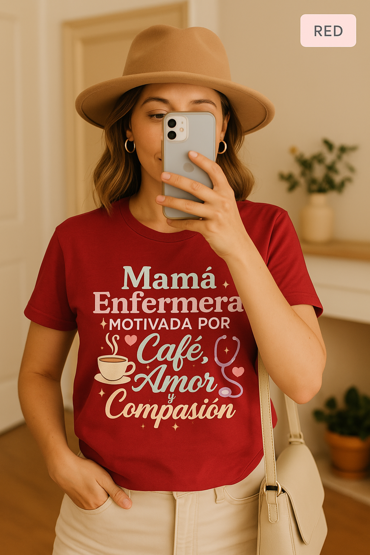 Mamá Enfermera Unisex T-Shirt, Motivada por Café, Amor y Compasión, Nurse Shirt, Gift for Mom, Coffee Lover, Nursing Student Shirt, product thumbnail image Mamá Enfermera Unisex T-Shirt, Motivada por Café, Amor y Compasión, Nurse Shirt, Gift for Mom, Coffee Lover, Nursing Student Shirt, product thumbnail image