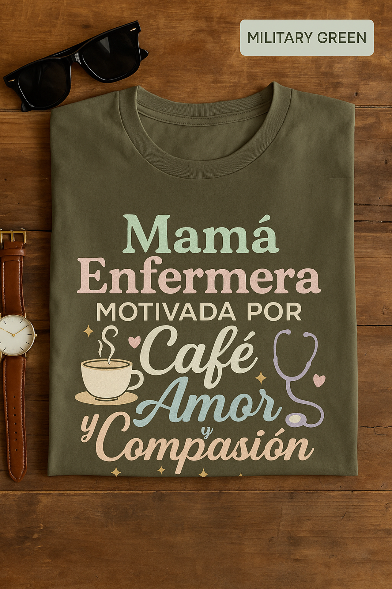 Mamá Enfermera Unisex T-Shirt, Motivada por Café, Amor y Compasión, Nurse Shirt, Gift for Mom, Coffee Lover, Nursing Student Shirt, product thumbnail image Mamá Enfermera Unisex T-Shirt, Motivada por Café, Amor y Compasión, Nurse Shirt, Gift for Mom, Coffee Lover, Nursing Student Shirt, product thumbnail image