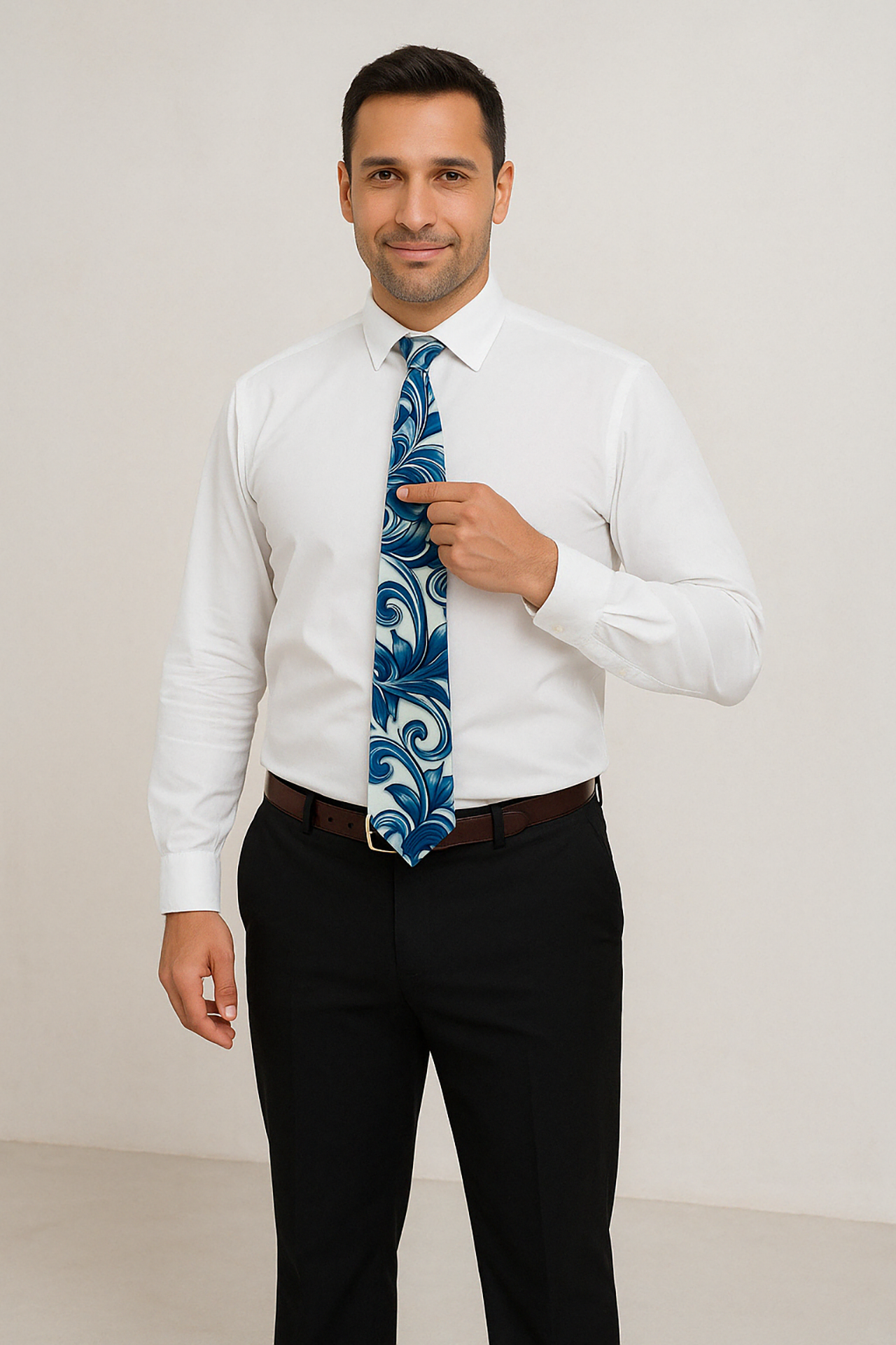 Men's Elegant Swirl Tie Abstract Blue And Cream Pattern for Stylish Looks