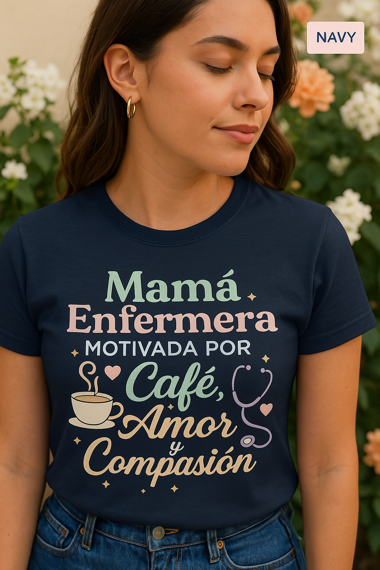 Mamá Enfermera Unisex T-Shirt, Motivada por Café, Amor y Compasión, Nurse Shirt, Gift for Mom, Coffee Lover, Nursing Student Shirt, product thumbnail image Mamá Enfermera Unisex T-Shirt, Motivada por Café, Amor y Compasión, Nurse Shirt, Gift for Mom, Coffee Lover, Nursing Student Shirt, product thumbnail image