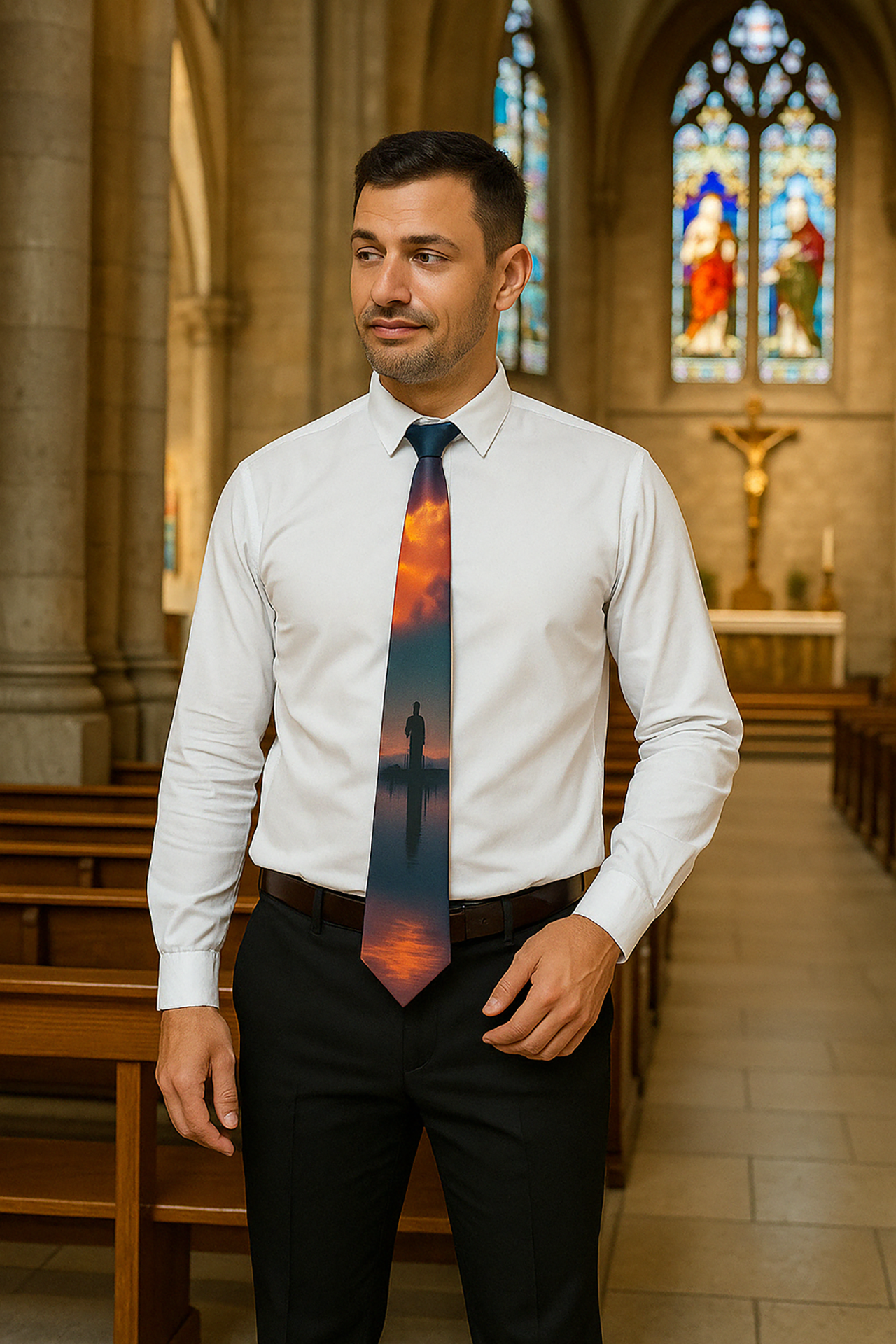 Men’s Sunset Stripe Necktie Bold Gradient Tie in Orange Blue Gold product thumbnail image Men’s Sunset Stripe Necktie Bold Gradient Tie in Orange Blue Gold product thumbnail image