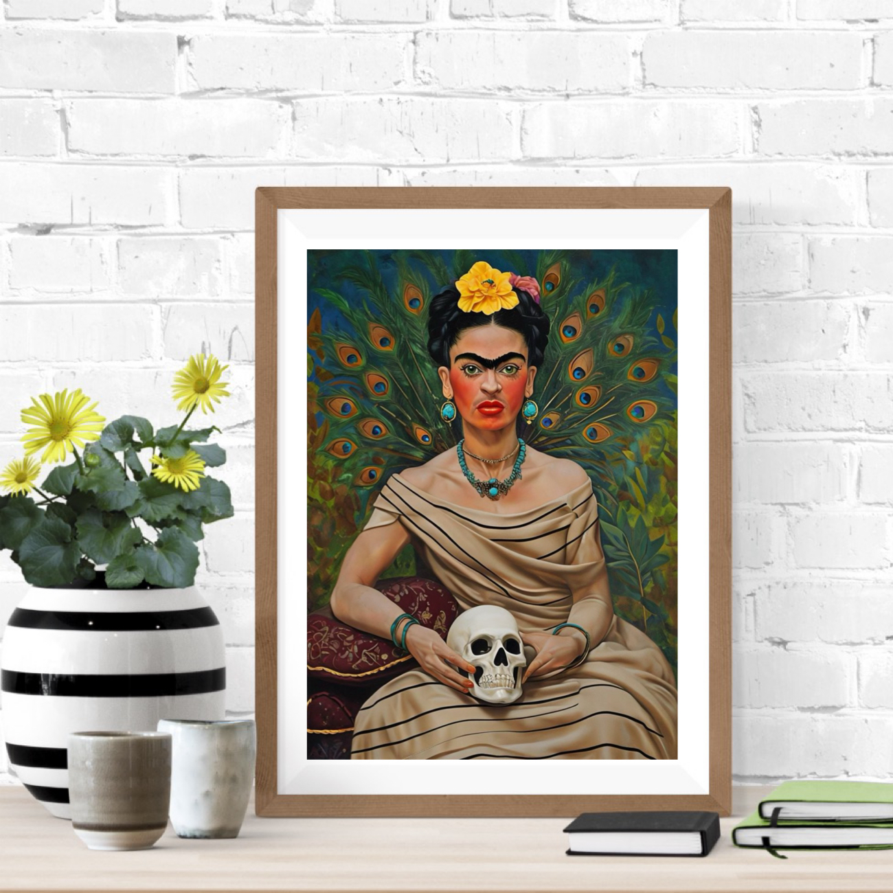 Peacock Frida and Skull Matte Poster , Mexican Folk Art Peacock Frida and Skull Matte Poster , Mexican Folk Art