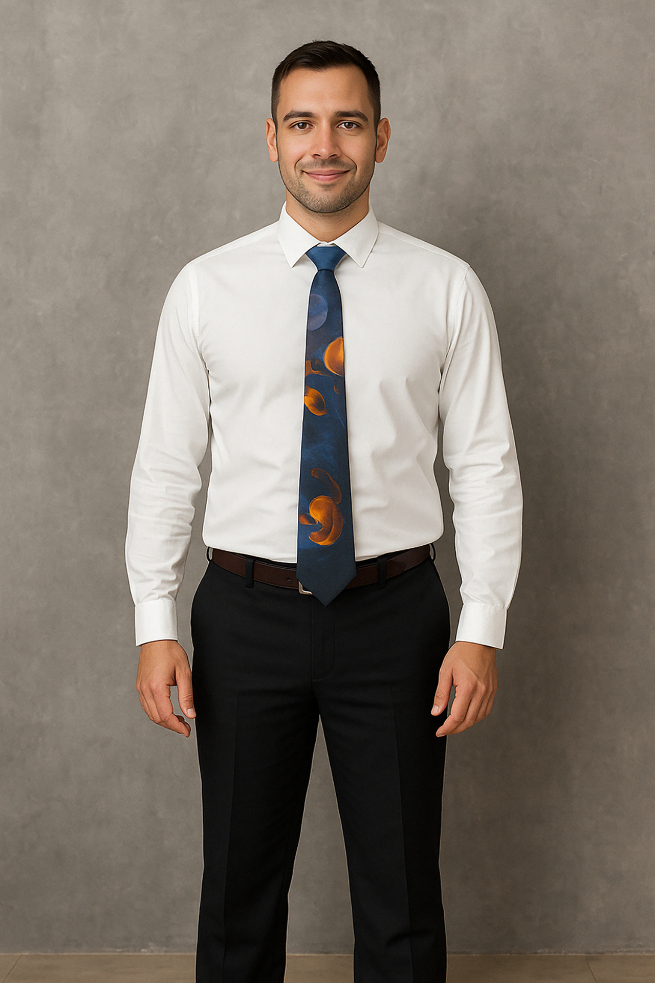 Men's Navy Floral Necktie Elegant Blue and Orange Flower Tie for Weddings Special Occasions and Office Wear product thumbnail image Men's Navy Floral Necktie Elegant Blue and Orange Flower Tie for Weddings Special Occasions and Office Wear product thumbnail image