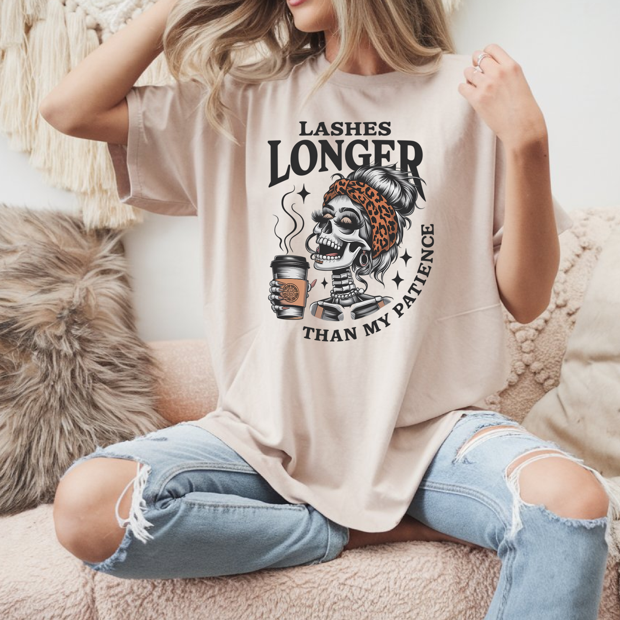 Funny Skull Graphic T-Shirt, Lashes Longer Than My Patience Tee, Gift for Makeup Lovers, Casual Wear, Halloween Outfit, Birthday Gift product thumbnail image