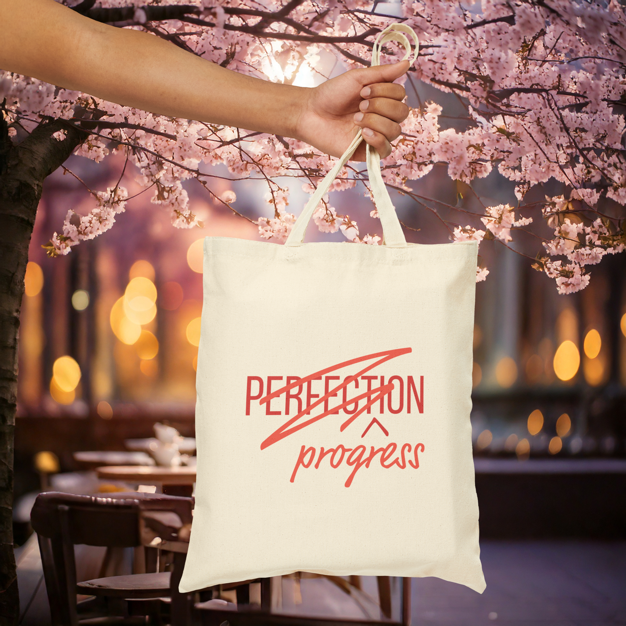 Progress Over Perfection Tote Bag | Eco-Friendly Cotton Canvas | Motivational, Inspirational Quote Reusable Shopper Bag, Self-Care Gift