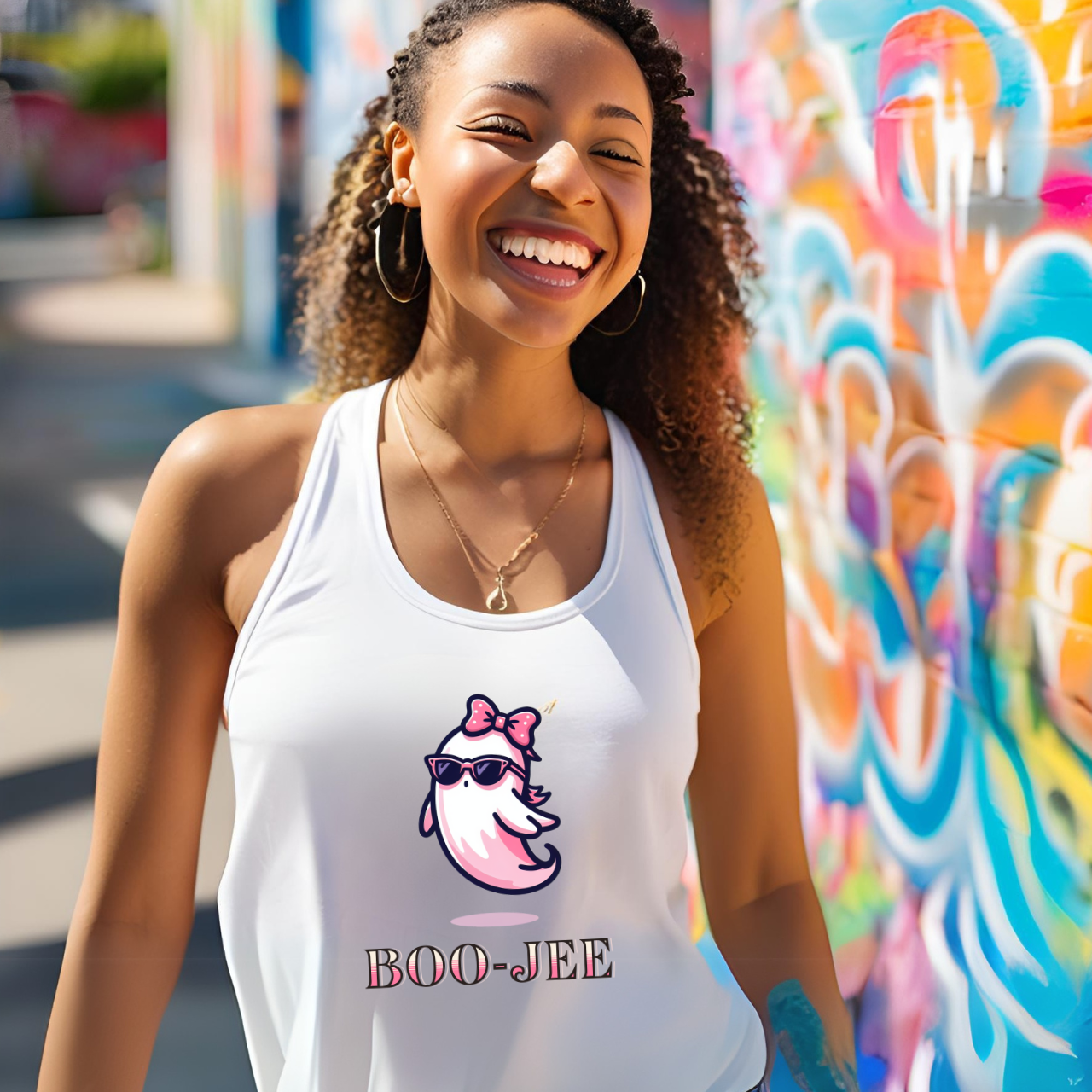 Halloween Pink Sheet Ghost "Boo-Jee" Women's Flowy Racerback Tank – Cute & Comfy Summer Top product thumbnail image Halloween Pink Sheet Ghost "Boo-Jee" Women's Flowy Racerback Tank – Cute & Comfy Summer Top product thumbnail image
