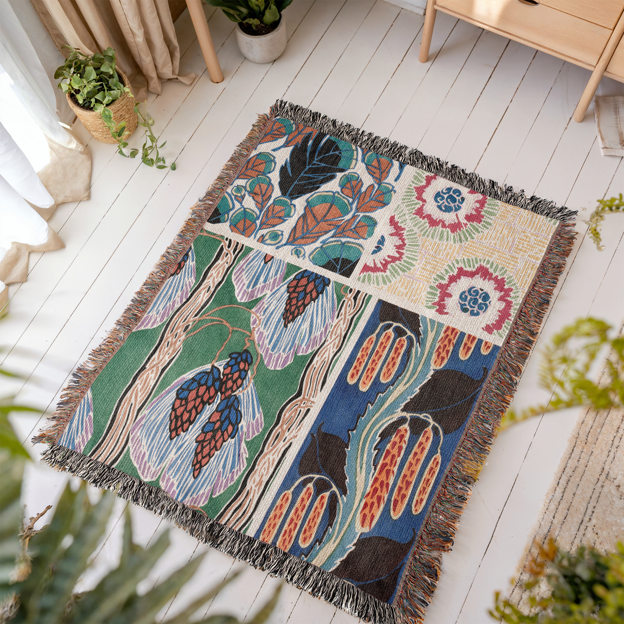 Woven Blanket, Botanical Motifs Collection, Green Brown Black Art Nouveau Throw, Home Decor Bedding, Unique Gift, Sofa Accent, Cozy Lap