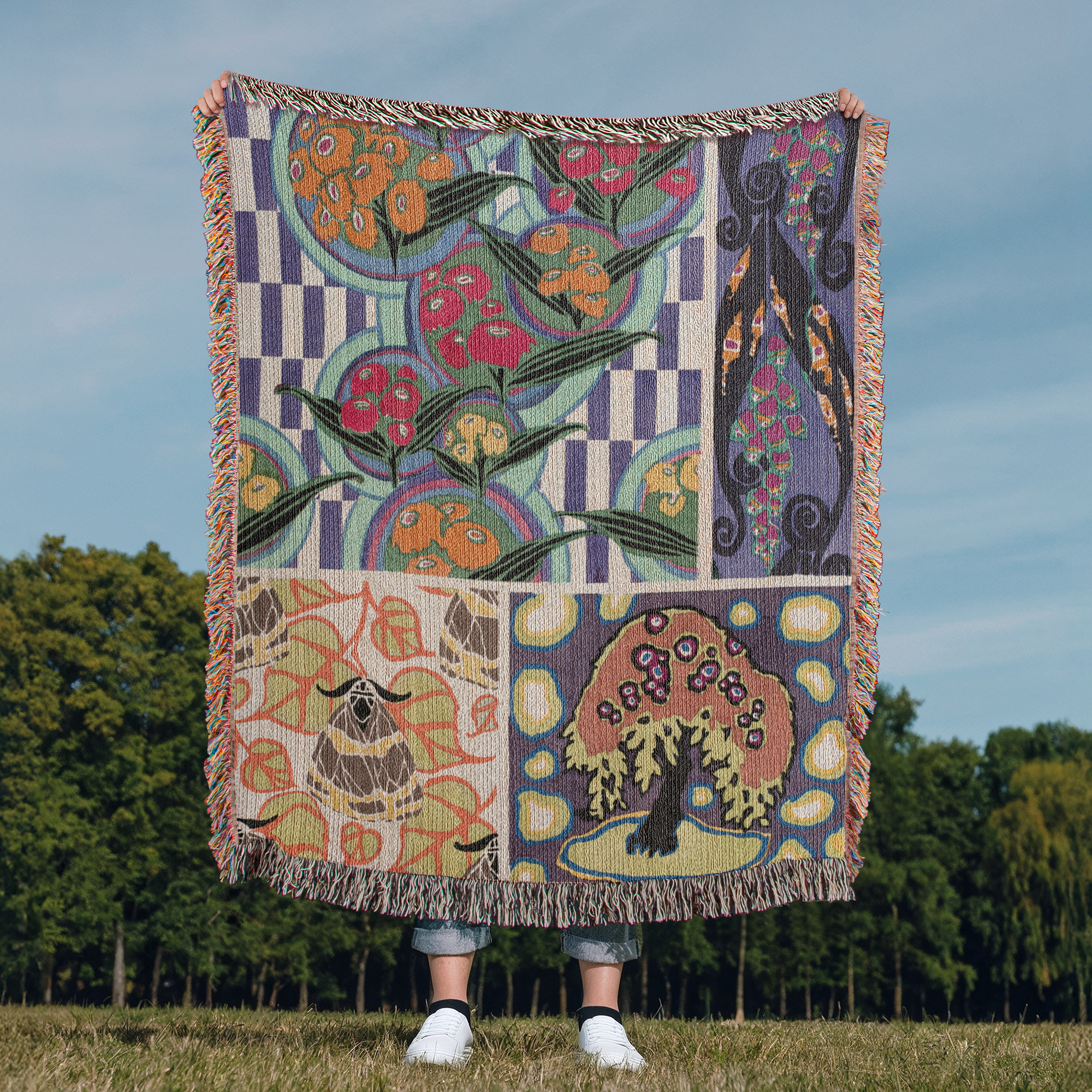 Woven Blanket, Floral Motif Blanket, Modern Woven Throw, Art Deco Tapestry, Organic Abstract Pattern Bedspread, Checkerboard Blanket, Cozy product thumbnail image Woven Blanket, Floral Motif Blanket, Modern Woven Throw, Art Deco Tapestry, Organic Abstract Pattern Bedspread, Checkerboard Blanket, Cozy product thumbnail image