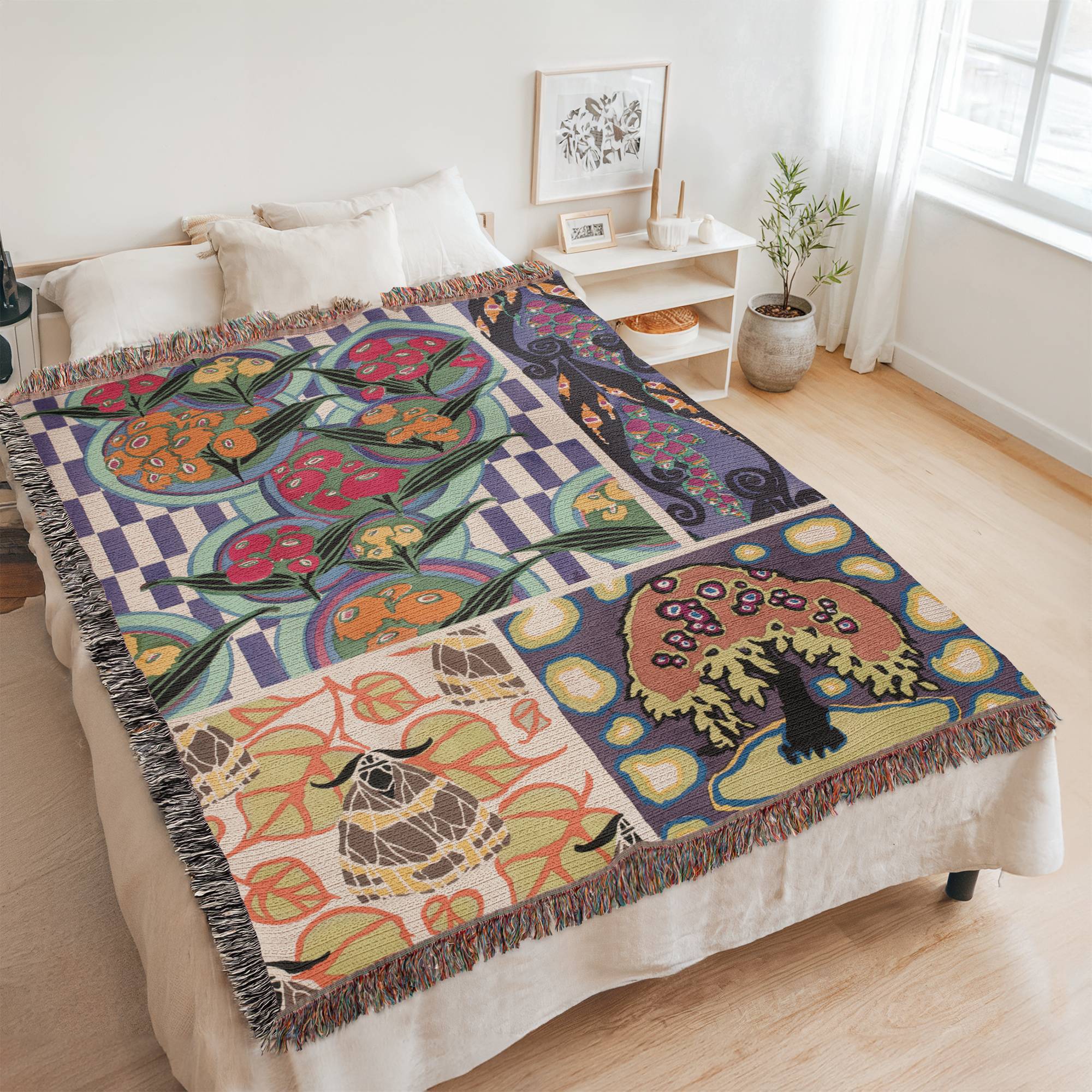 Woven Blanket, Floral Motif Blanket, Modern Woven Throw, Art Deco Tapestry, Organic Abstract Pattern Bedspread, Checkerboard Blanket, Cozy