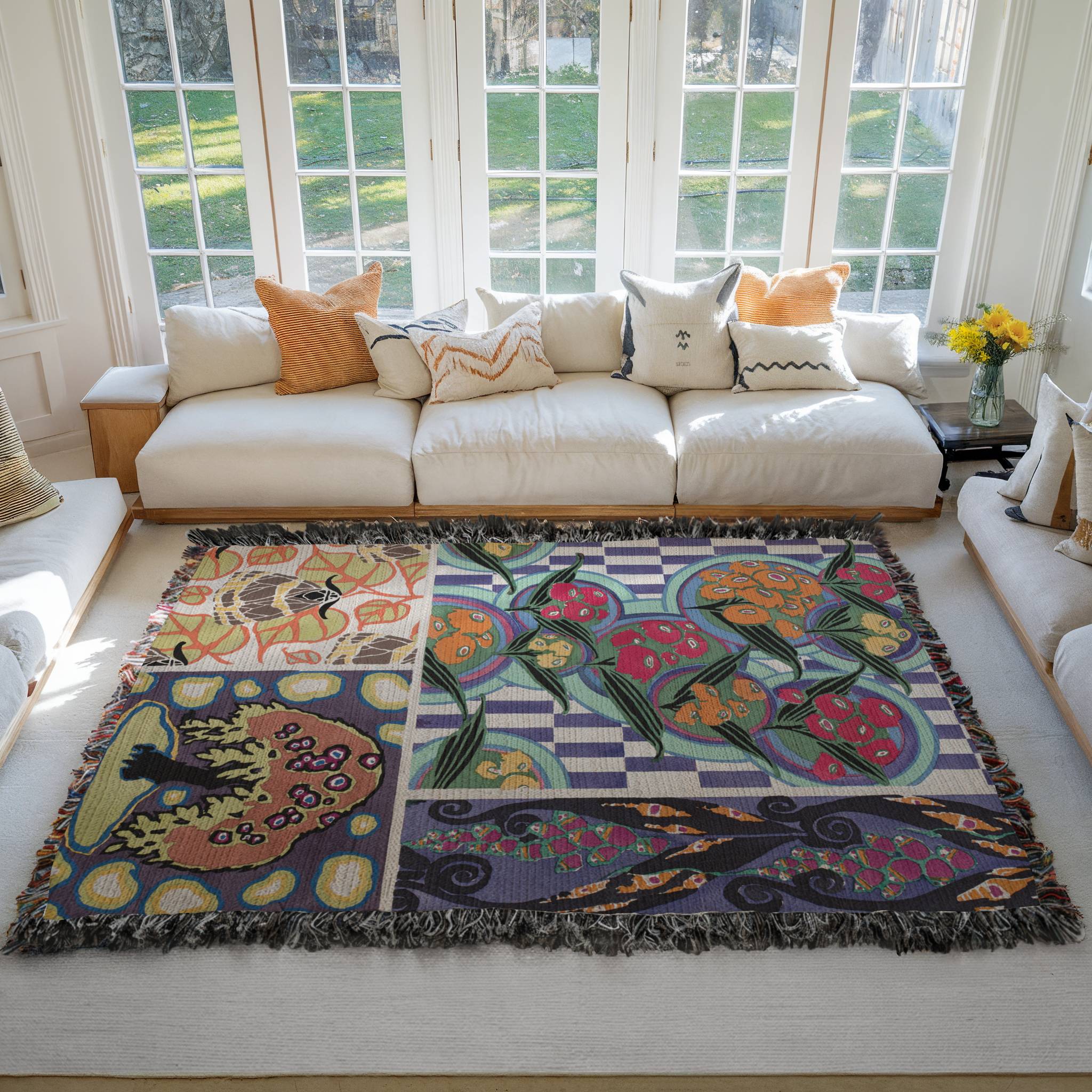 Woven Blanket, Floral Motif Blanket, Modern Woven Throw, Art Deco Tapestry, Organic Abstract Pattern Bedspread, Checkerboard Blanket, Cozy product thumbnail image Woven Blanket, Floral Motif Blanket, Modern Woven Throw, Art Deco Tapestry, Organic Abstract Pattern Bedspread, Checkerboard Blanket, Cozy product thumbnail image