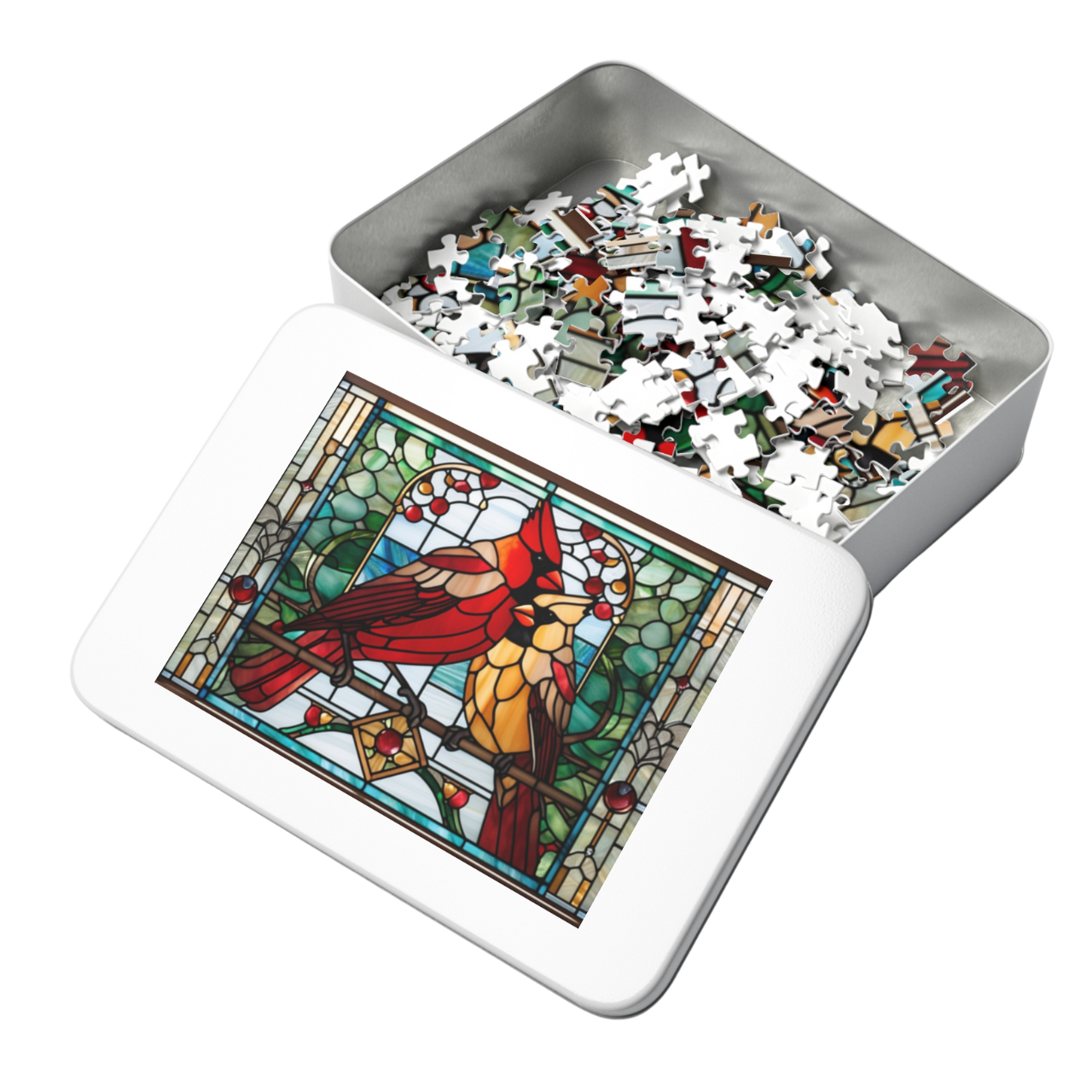 Puzzle Tin with Stained Glass Male and Female Cardinal Design Puzzle Tin with Stained Glass Male and Female Cardinal Design