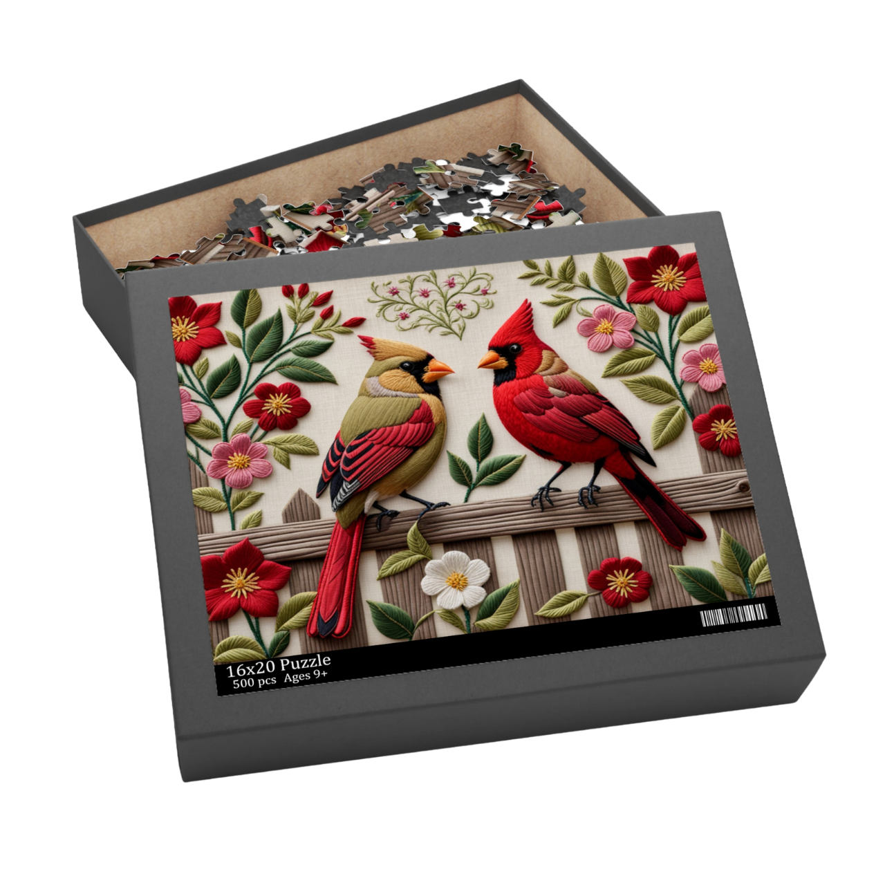 Colorful Spring Cardinal Puzzle - Cardinal Pair on Fence Embroidery Look Design Colorful Spring Cardinal Puzzle - Cardinal Pair on Fence Embroidery Look Design