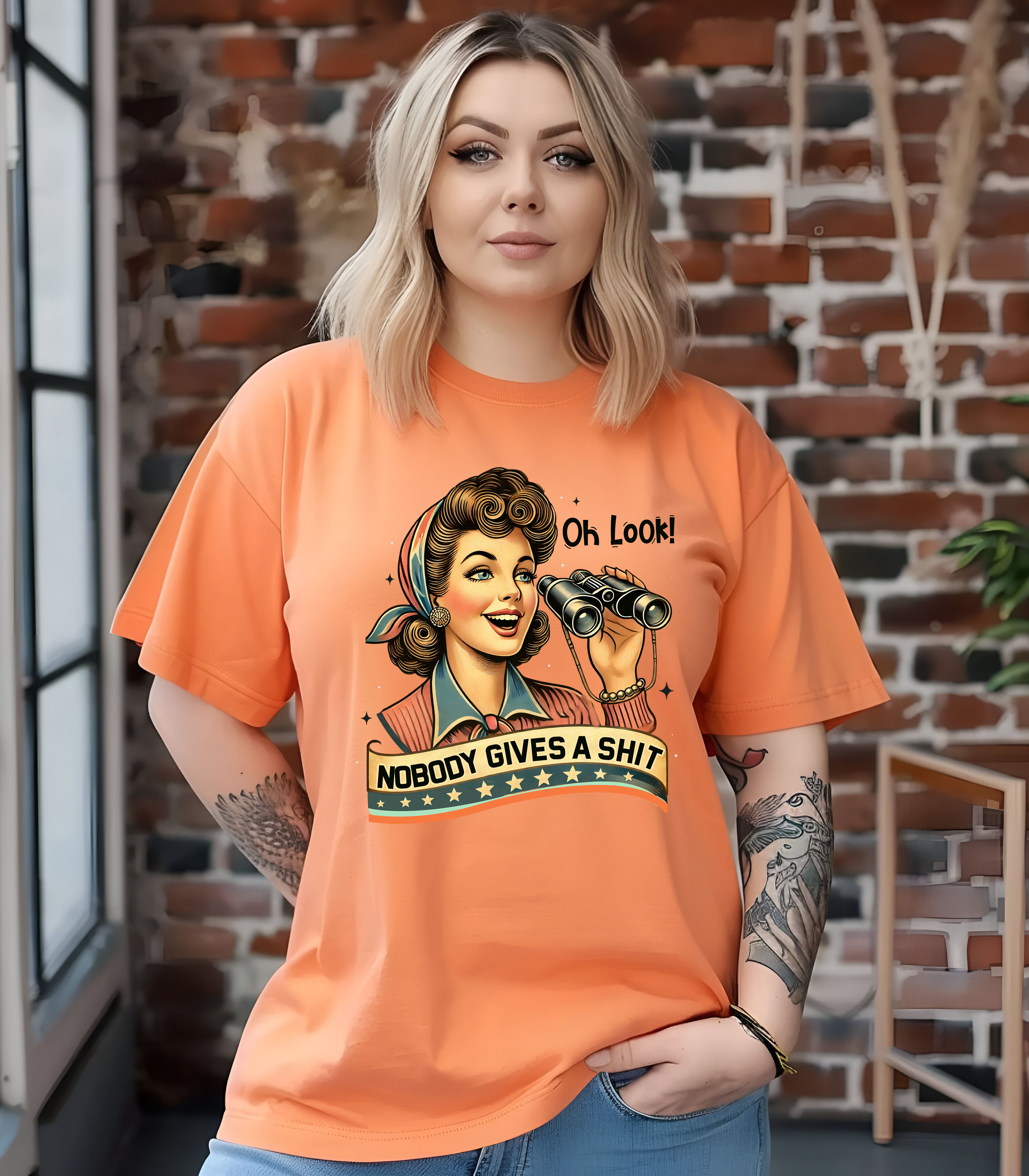 Retro Graphic T-Shirt - "Oh Look! Nobody Gives A Shit" Sassy Lady Short Sleeve Shirt - Sarcastic Summer Apparel product thumbnail image