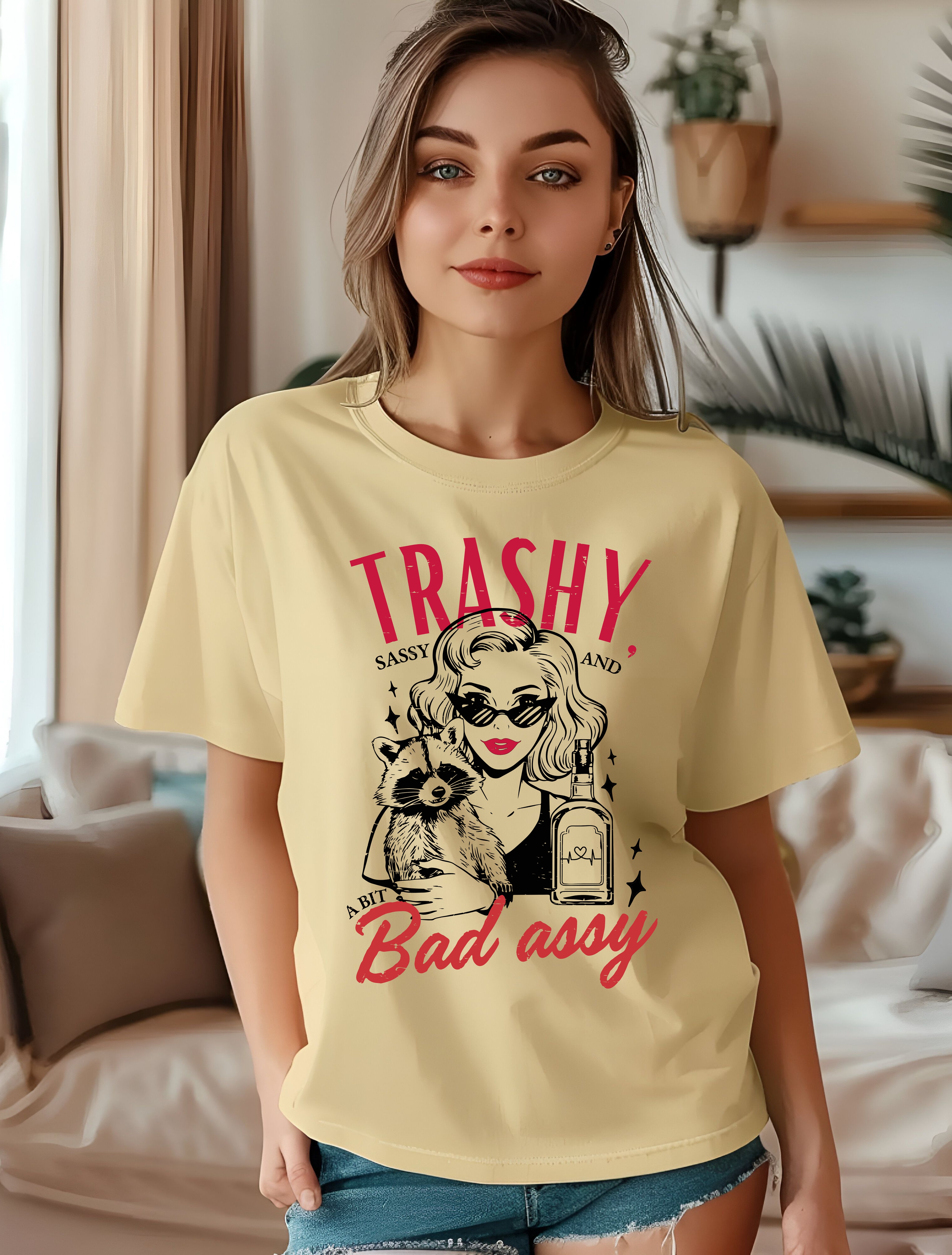 Graphic Trashy and Bad Assy Unisex T-Shirt with Woman and Raccoon Design - Comfort Colors Sarcastic Sassy Lady Apparel - Fun Comedic Gift