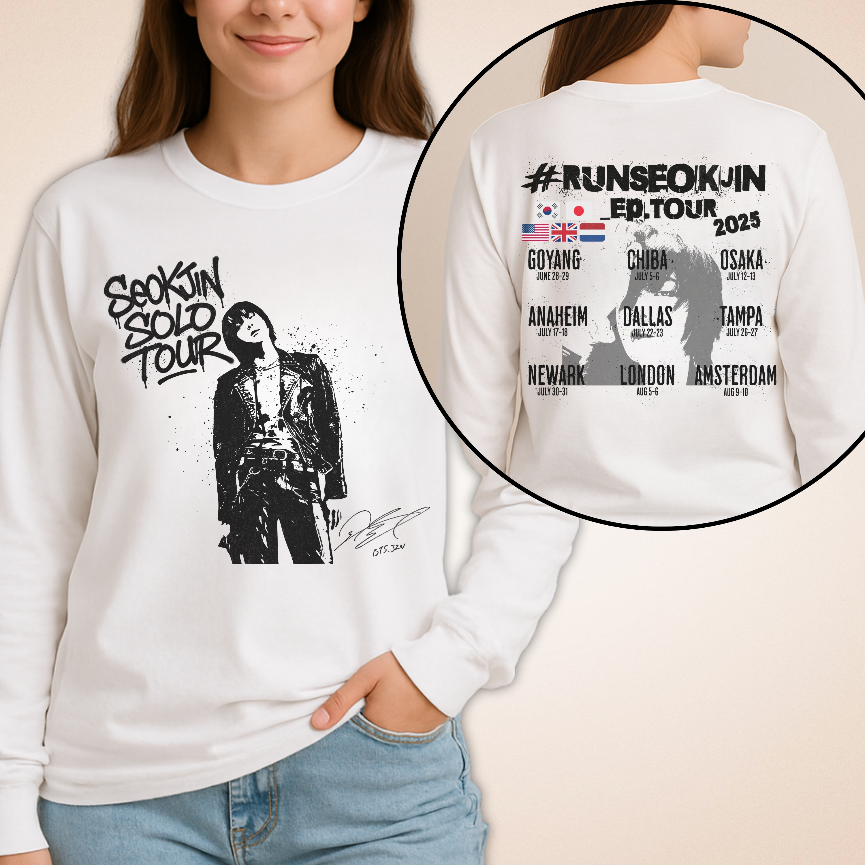 Jin Solo Tour Unisex Long Sleeve Tee, Printed on Front and Back, Designed for Army, by Army product thumbnail image Jin Solo Tour Unisex Long Sleeve Tee, Printed on Front and Back, Designed for Army, by Army product thumbnail image