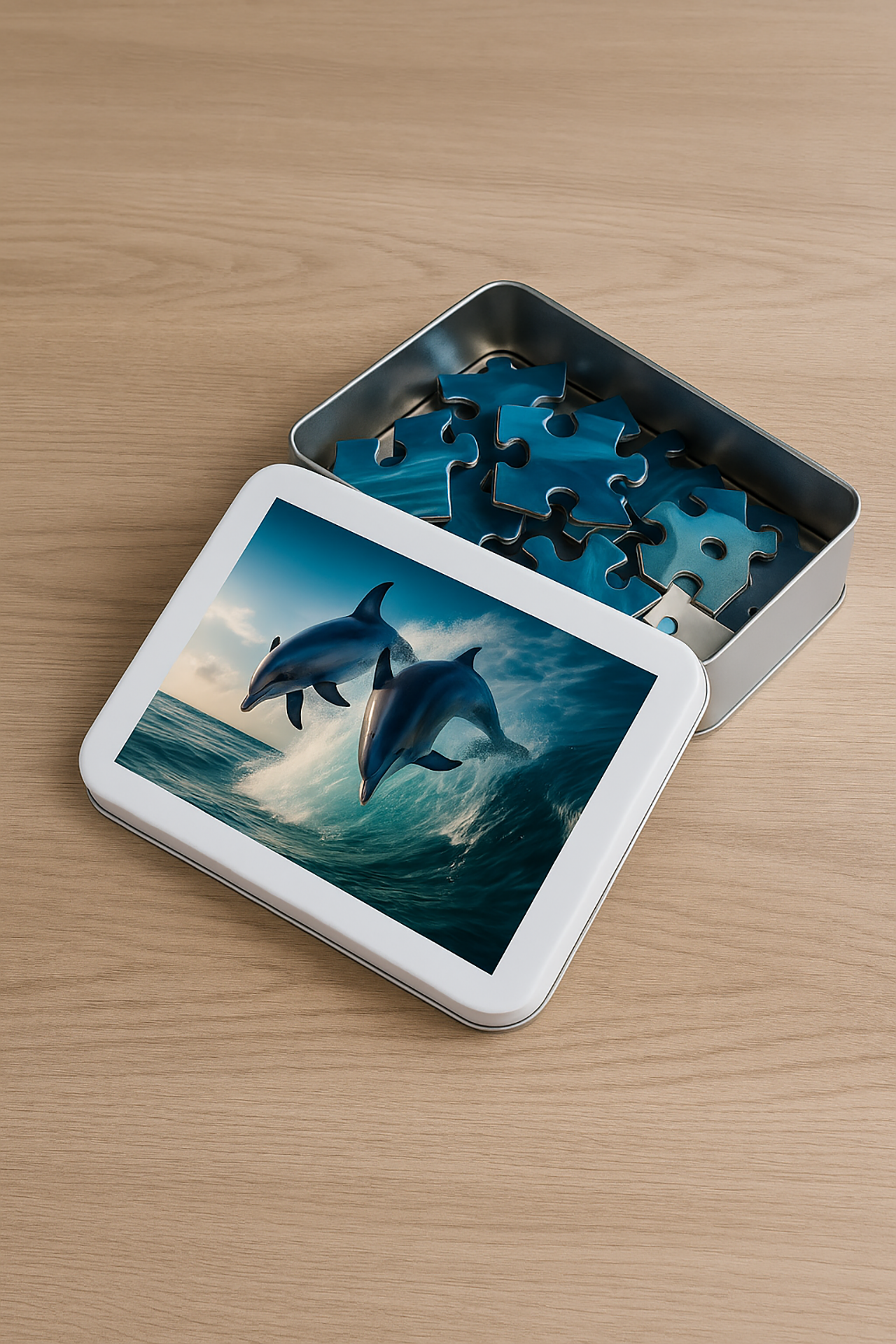 Personalized Dolphin Jigsaw Puzzle with Tin Box – Ocean Wave Puzzle Gift for Kids &amp; Adults, Coastal Animal Decor, Unique Relaxation Gift