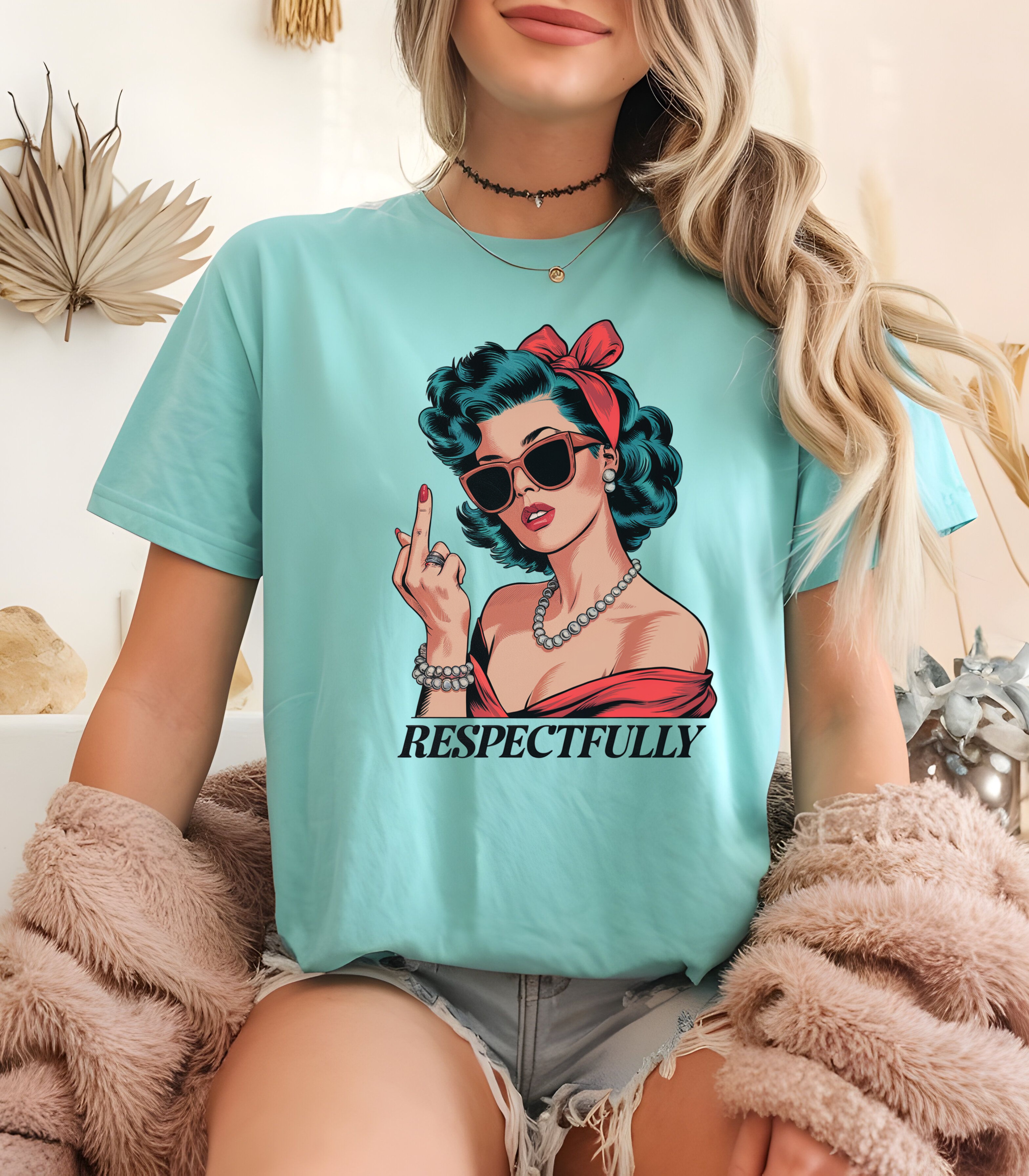 Respectively Graphic Comfort Colors 1717, Retro Pin Up Girl Sassy Graphic Unisex T-shirt, Middle Finger Sarcastic Graphic Tee   product thumbnail image