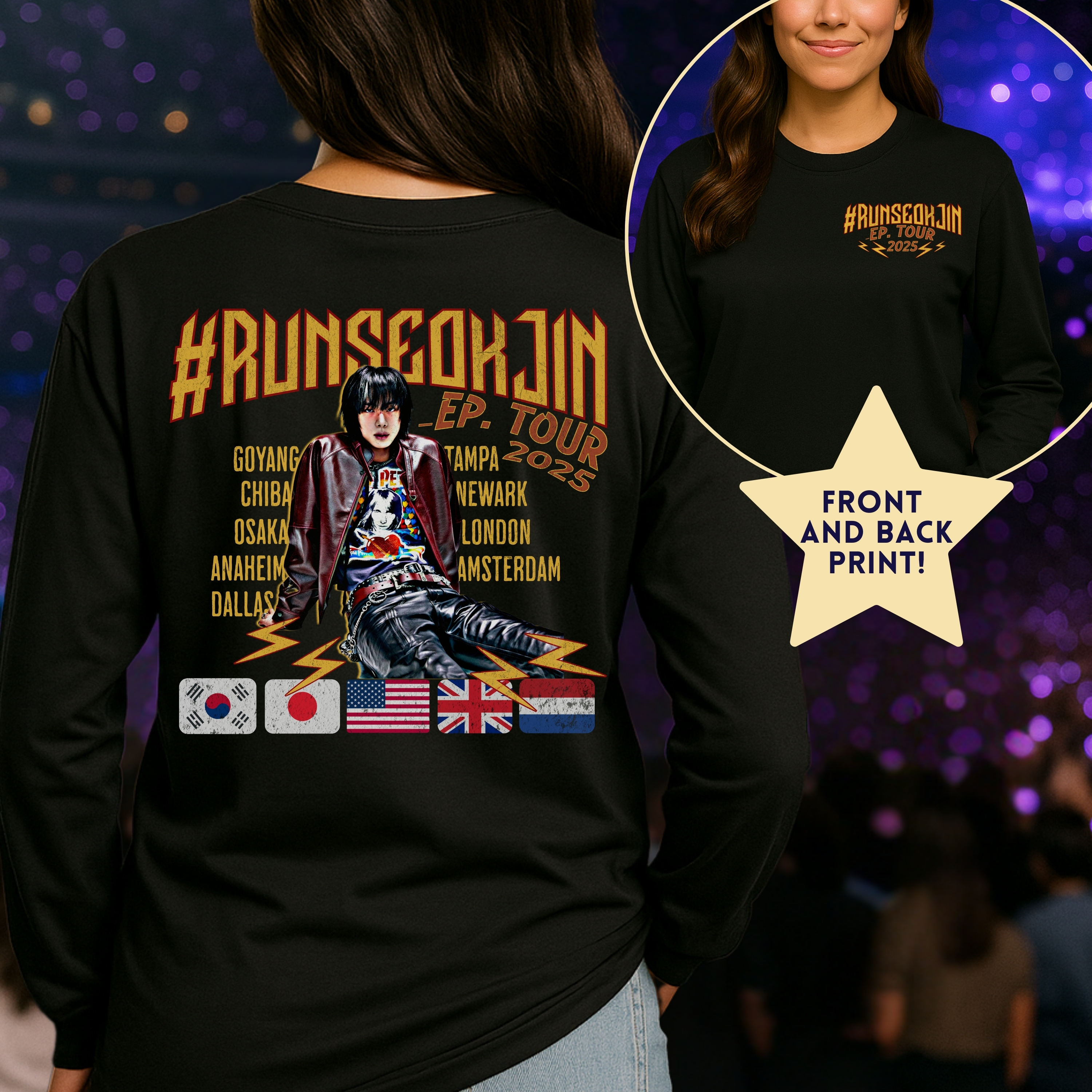 Jin Solo Tour Unisex Long Sleeve Tee, Printed on Front and Back, Designed for Army, by Army product thumbnail image Jin Solo Tour Unisex Long Sleeve Tee, Printed on Front and Back, Designed for Army, by Army product thumbnail image