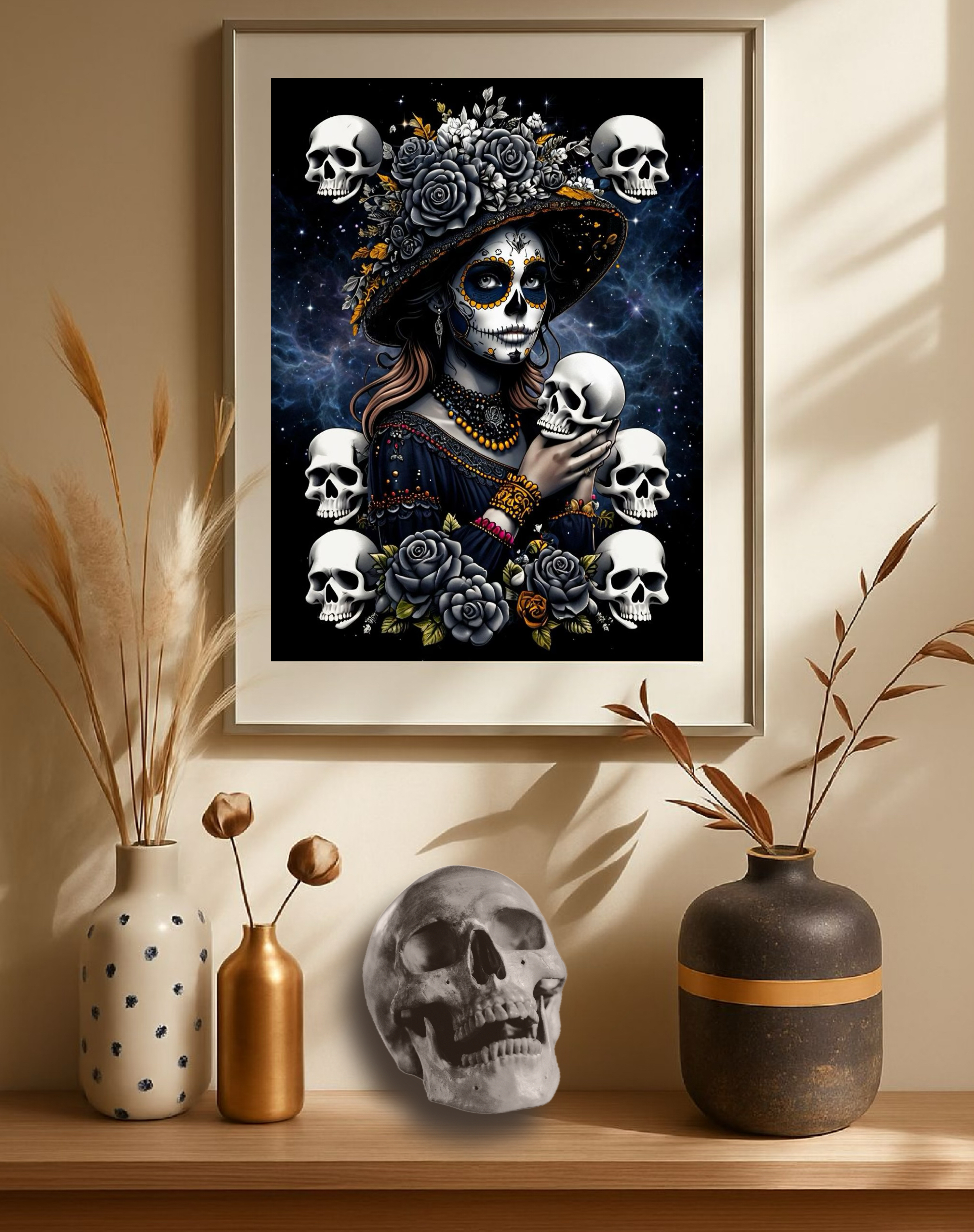 La Catrina of the Noche, Sugar Skull Woman, Grey Roses Celestial Mexican Mujer product thumbnail image La Catrina of the Noche, Sugar Skull Woman, Grey Roses Celestial Mexican Mujer product thumbnail image