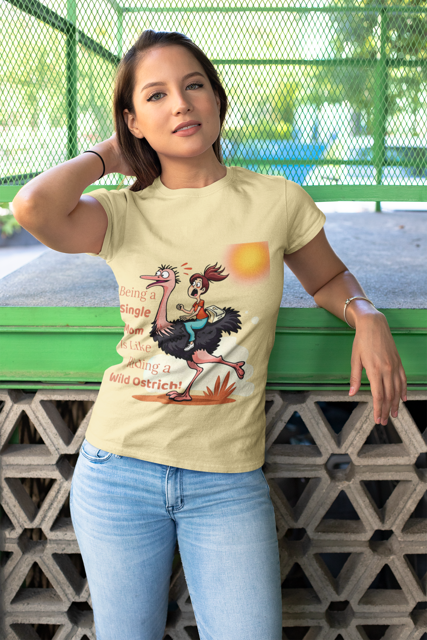 Being a Single Mom is Like Riding a Wild Ostrich Design - Funny Single Mom Unisex T-shirt