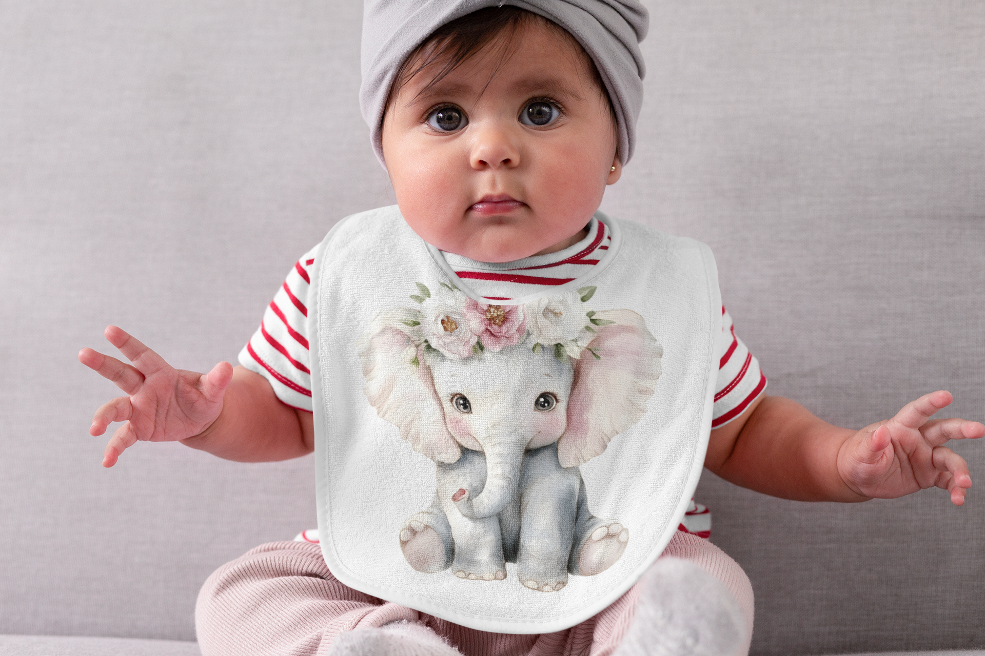 Adorable Baby Elephant Bib with Floral Trim - Perfect for Newborns and Baby Showers