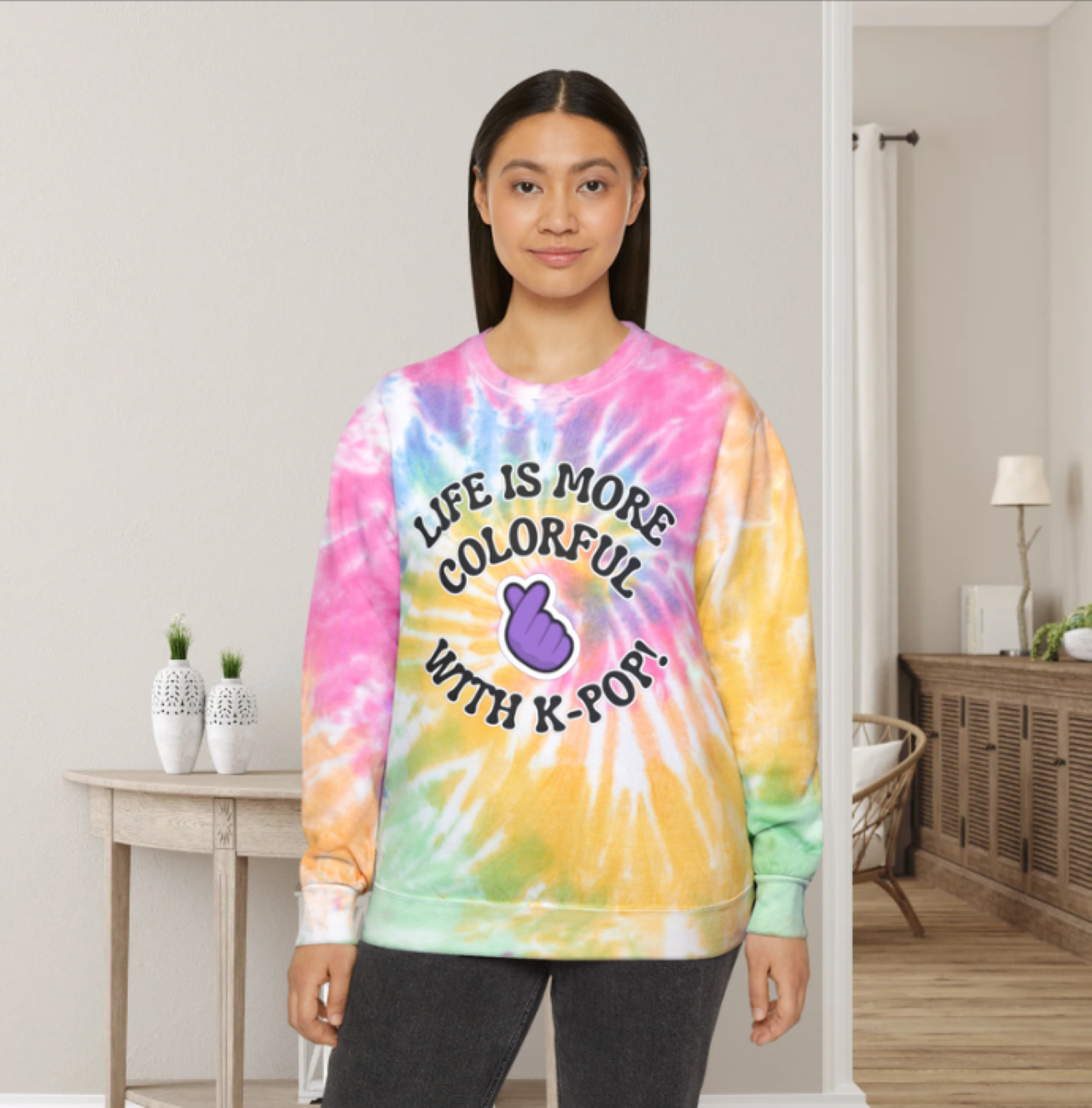 Life is More Colorful with K-Pop Unisex Tie-Dye Sweatshirt Adult product thumbnail image Life is More Colorful with K-Pop Unisex Tie-Dye Sweatshirt Adult product thumbnail image