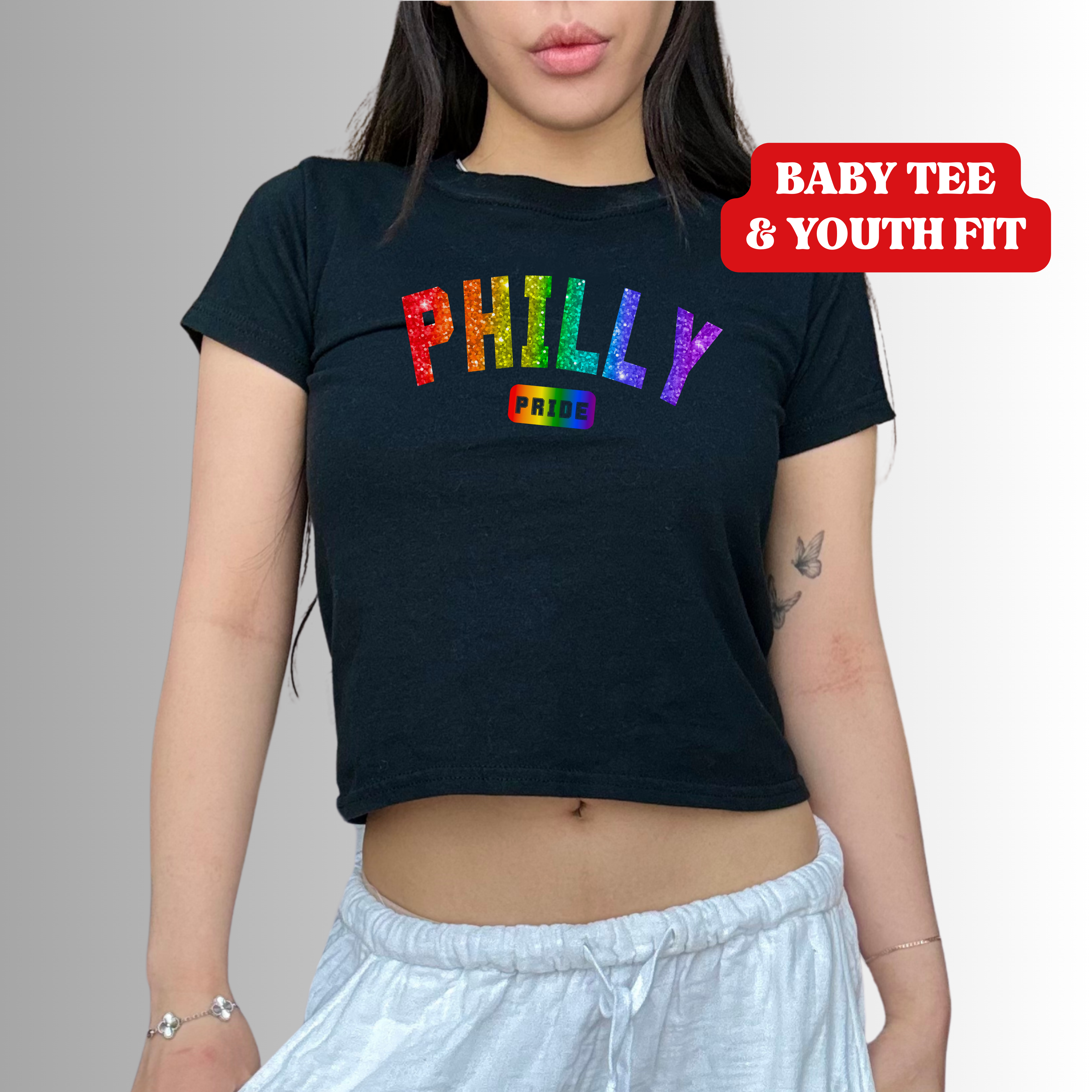 Philly Pride Varsity - Faux Sparkle - Youth Fit Tshirt - Baby Tee Fit Philly Pride Varsity - Faux Sparkle - Youth Fit Tshirt - Baby Tee Fit