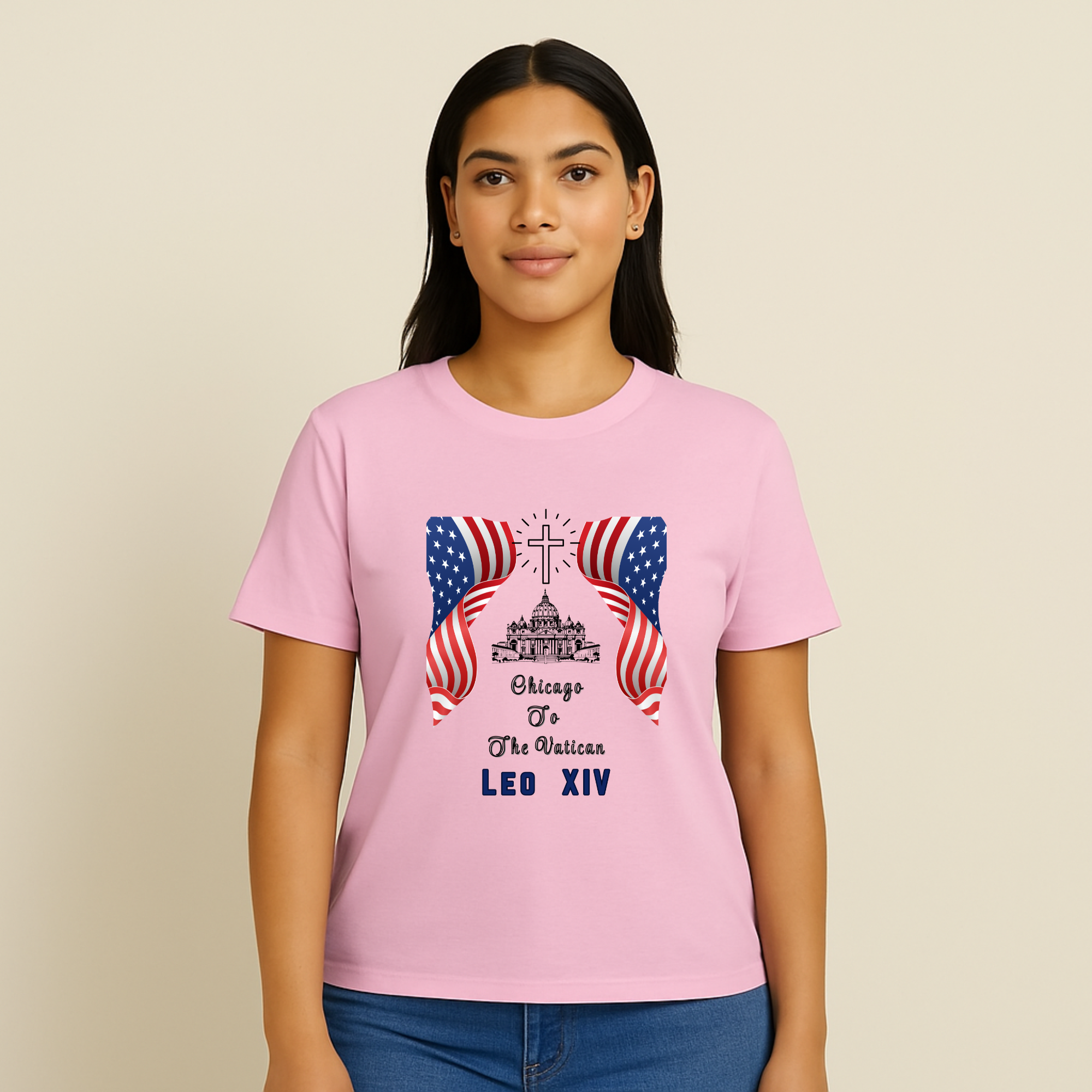 Chicago to The Vatican Leo XIV Pope T-Shirt Patriotic Catholic Tee Faith-Based Unisex Shirt Religious Americana Apparel product thumbnail image Chicago to The Vatican Leo XIV Pope T-Shirt Patriotic Catholic Tee Faith-Based Unisex Shirt Religious Americana Apparel product thumbnail image