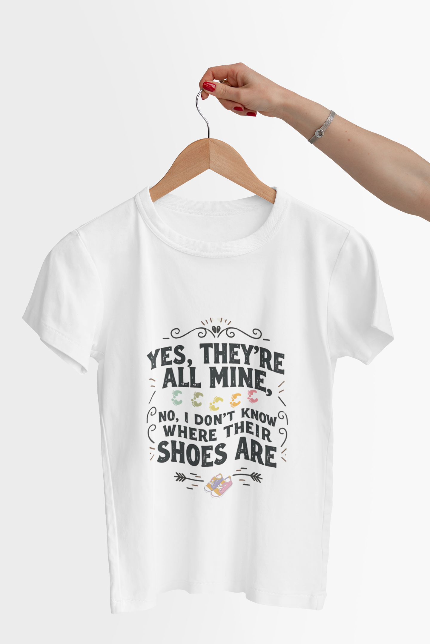 Funny Mom T-Shirt – “Yes, They’re All Mine” Quote with Kids’ Shoes &amp; Footprints – Chaos Coordinator Shirt – Cute Graphic Tee for Moms – Motherhood Humor Gift