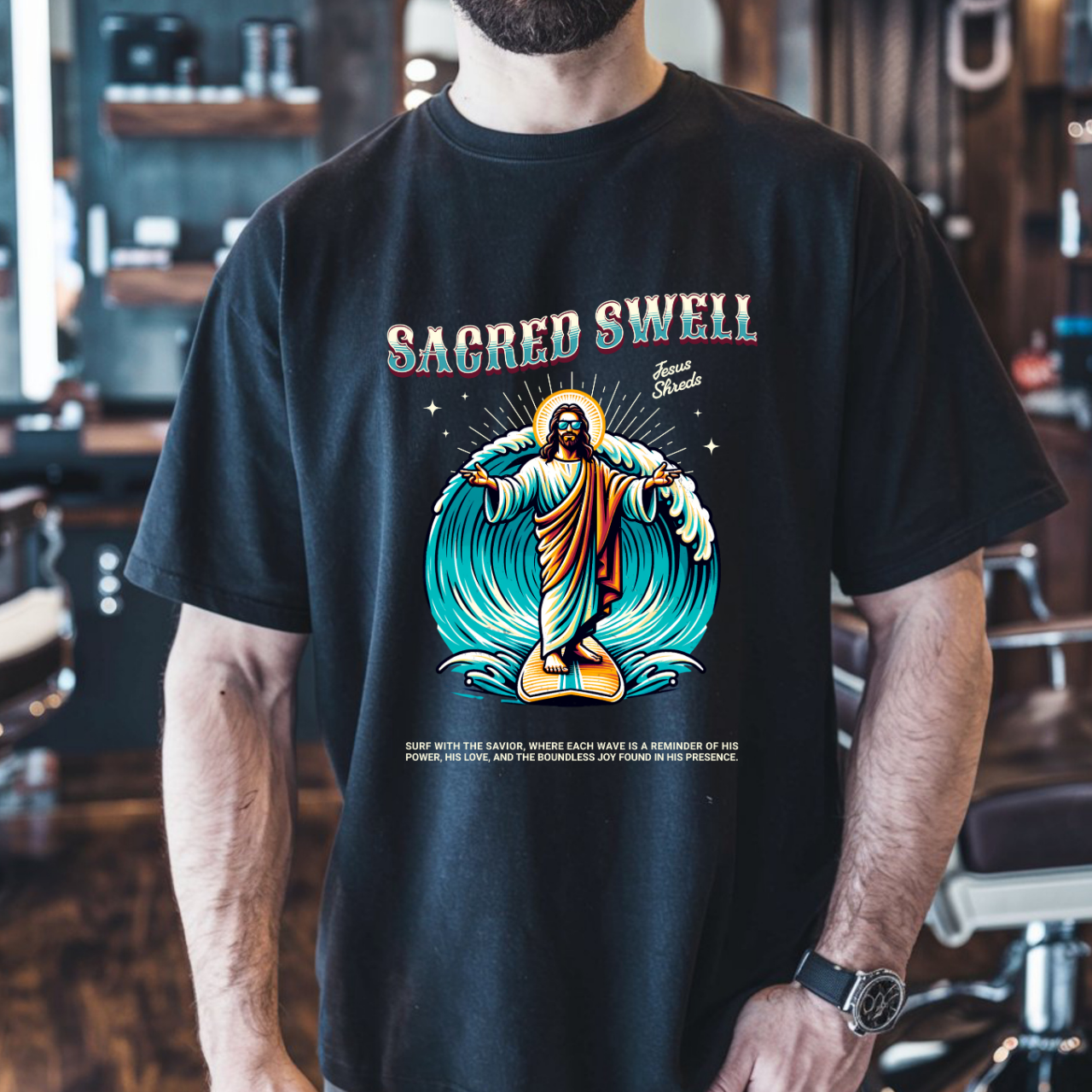 Sacred Swell - Jesus Shreds Tee product thumbnail image Sacred Swell - Jesus Shreds Tee product thumbnail image