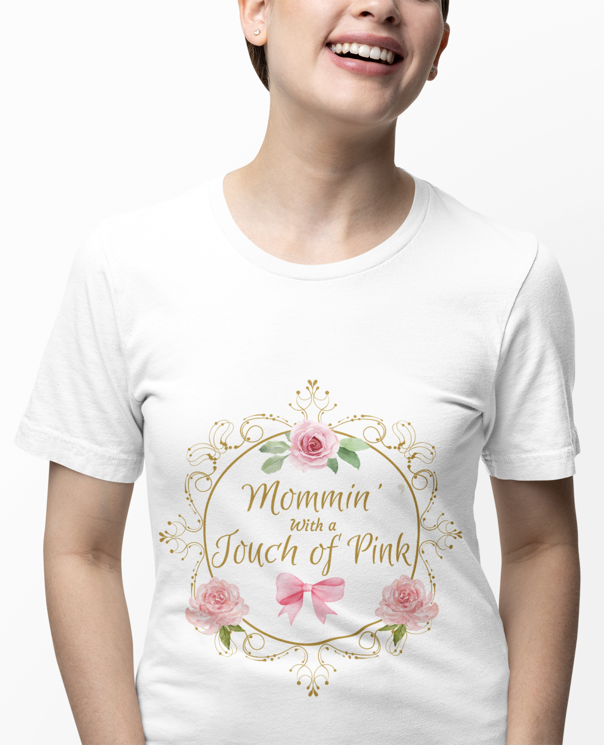 Coquette Mom T-Shirt – “Mommin’ with a Touch of Pink” Aesthetic Tee – Soft Girl Style Shirt for Moms – Cute Feminine Bow Design – Pastel Core Gift for Her