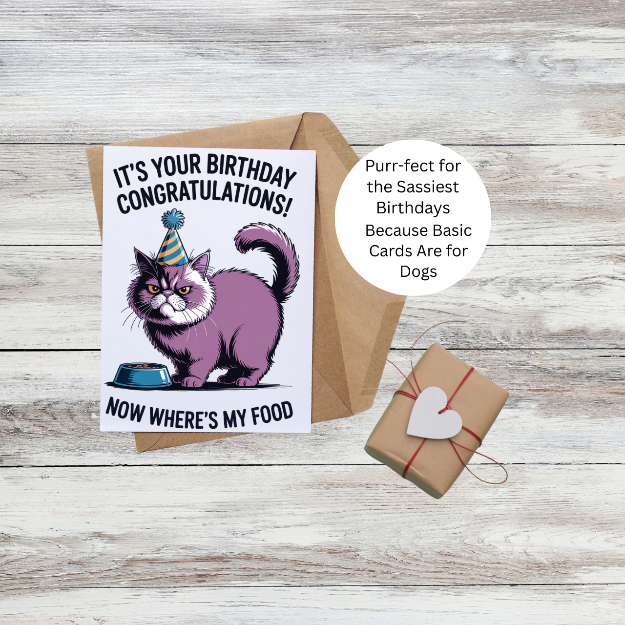 Greeting Cards - Funny Cat Birthday Card - Grumpy Purple Cat Humor - Pet Lover Birthday Card - Sarcastic Animal Card
