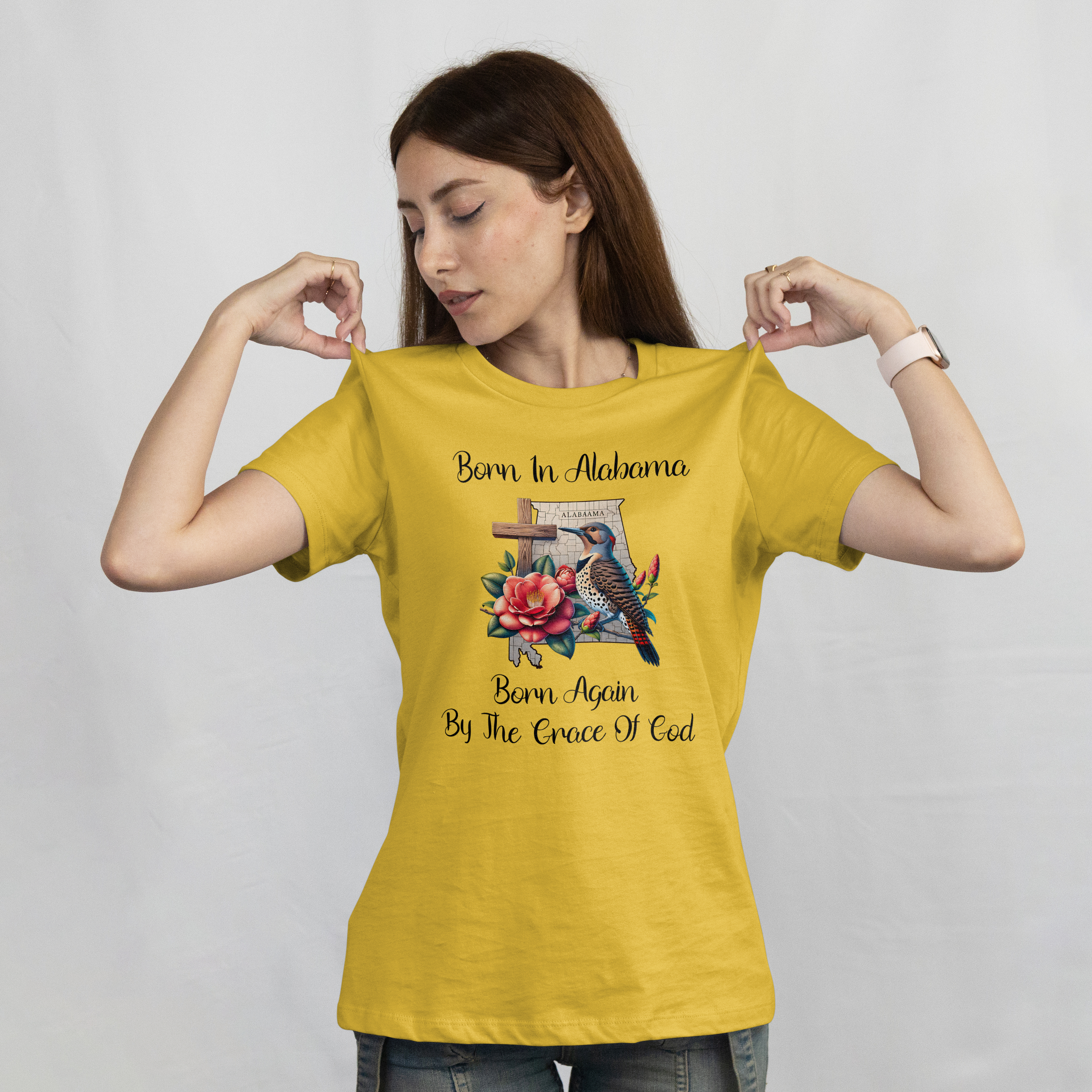 Born In Alabama Born Again By The Grace Of God Women's Graphic Tee - Faith & Floral Design product thumbnail image Born In Alabama Born Again By The Grace Of God Women's Graphic Tee - Faith & Floral Design product thumbnail image
