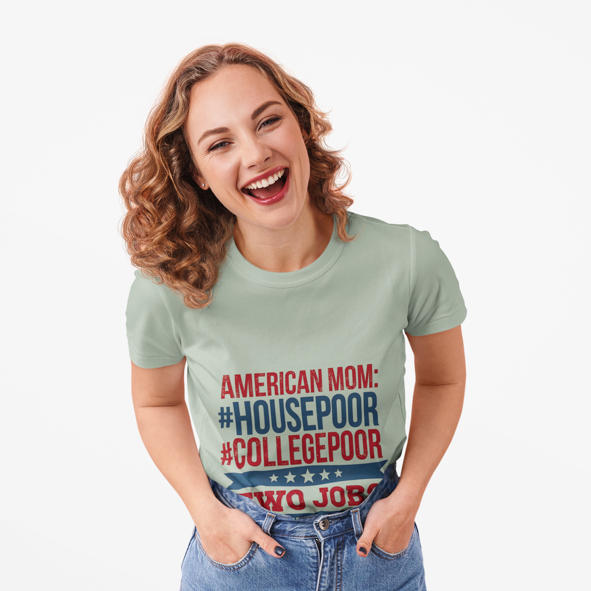 American Mom T-Shirt – #HousePoor #CollegePoor Graphic Tee – Funny Unisex Softstyle Shirt – Relatable Gift for Moms – Casual Humor Tee for Everyday Hustle product thumbnail image
